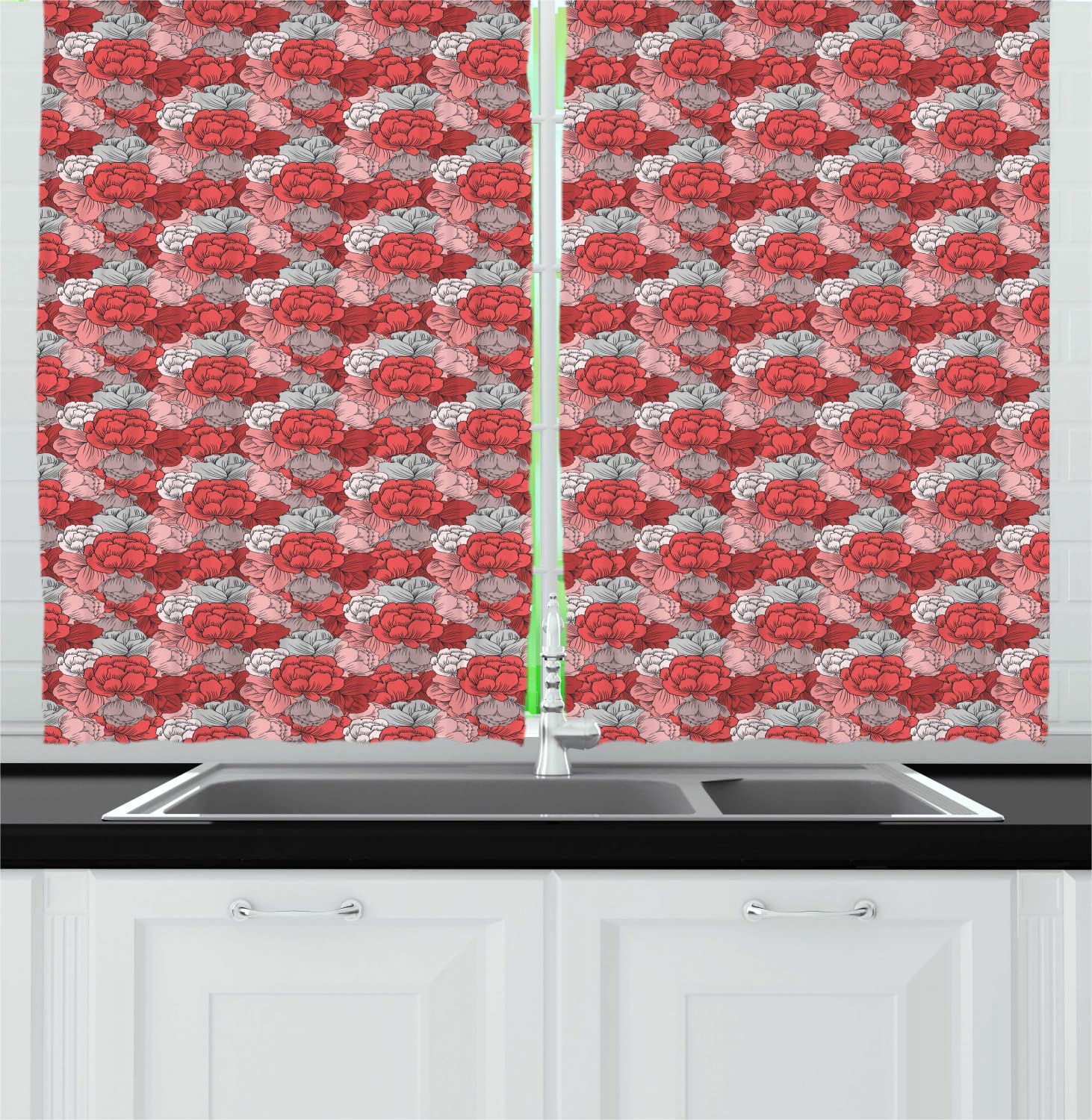 Ambesonne Floral Long Kitchen Curtains - Pink Buttercup Bouquet Design with Rod Pocket, 55