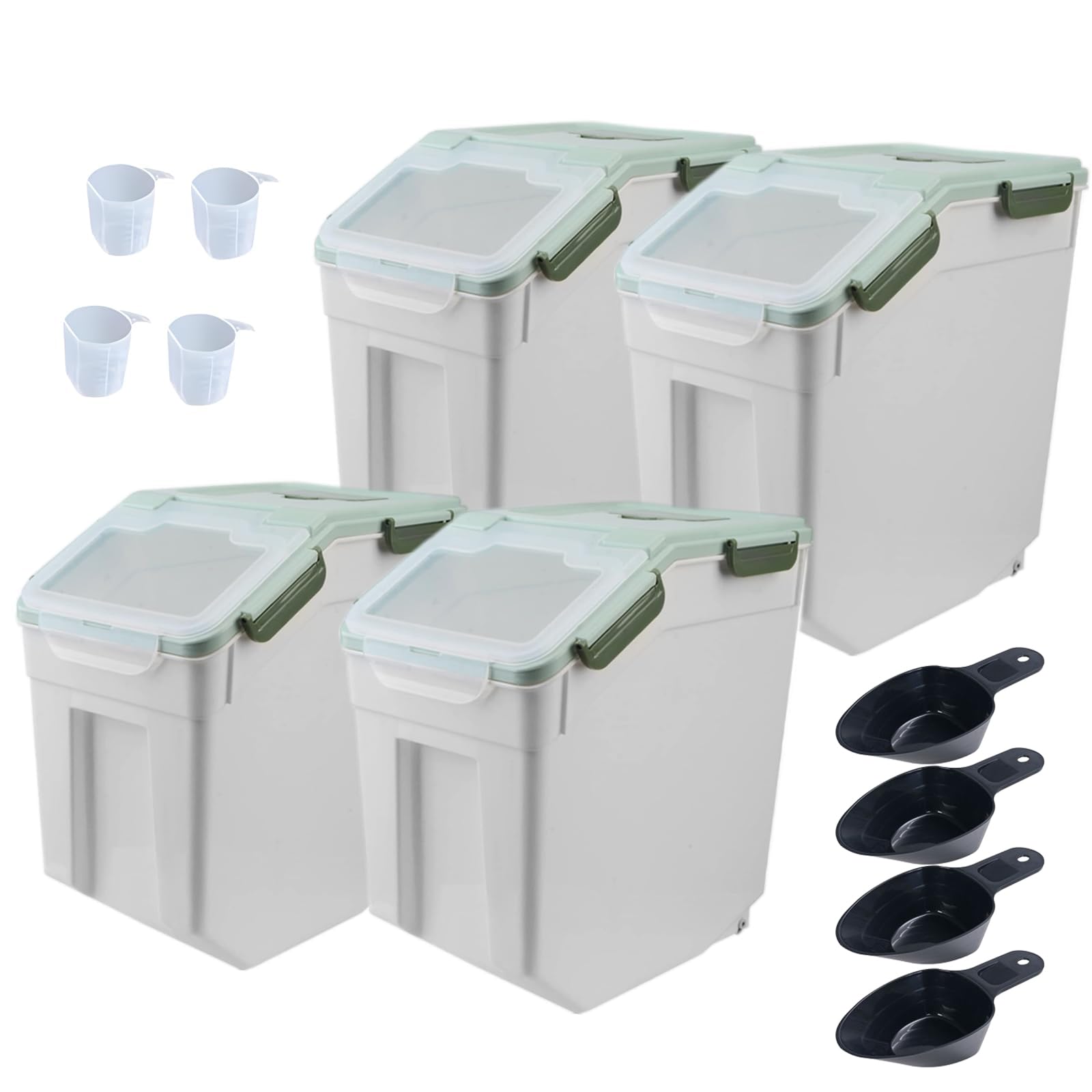 25lb Large Airtight Flour Storage Container with Wheels - 4 Pack BPA-Free Food Storage Bins with Seal Locking Lid & Measuring Scoop - Perfect for Flour, Rice, Grains, Baking Supplies & Bulk Food Storage (Green)