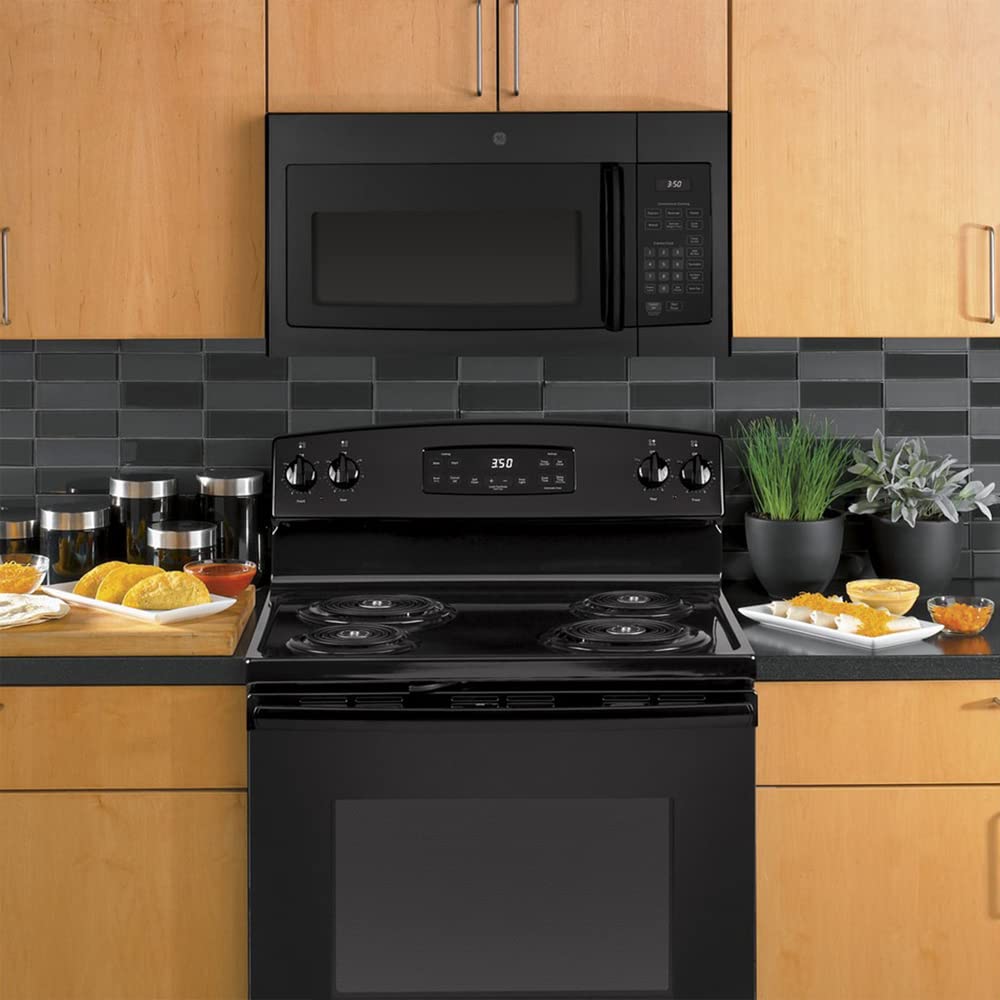 GE JVM3160DFBB 1.6 Cu. Ft. Over-the-Range Microwave Oven in Black - Includes Heat Resistant Oven Mitts & 3-Year Protection Plan - Perfect for Kitchen Remodeling & Small Space Cooking