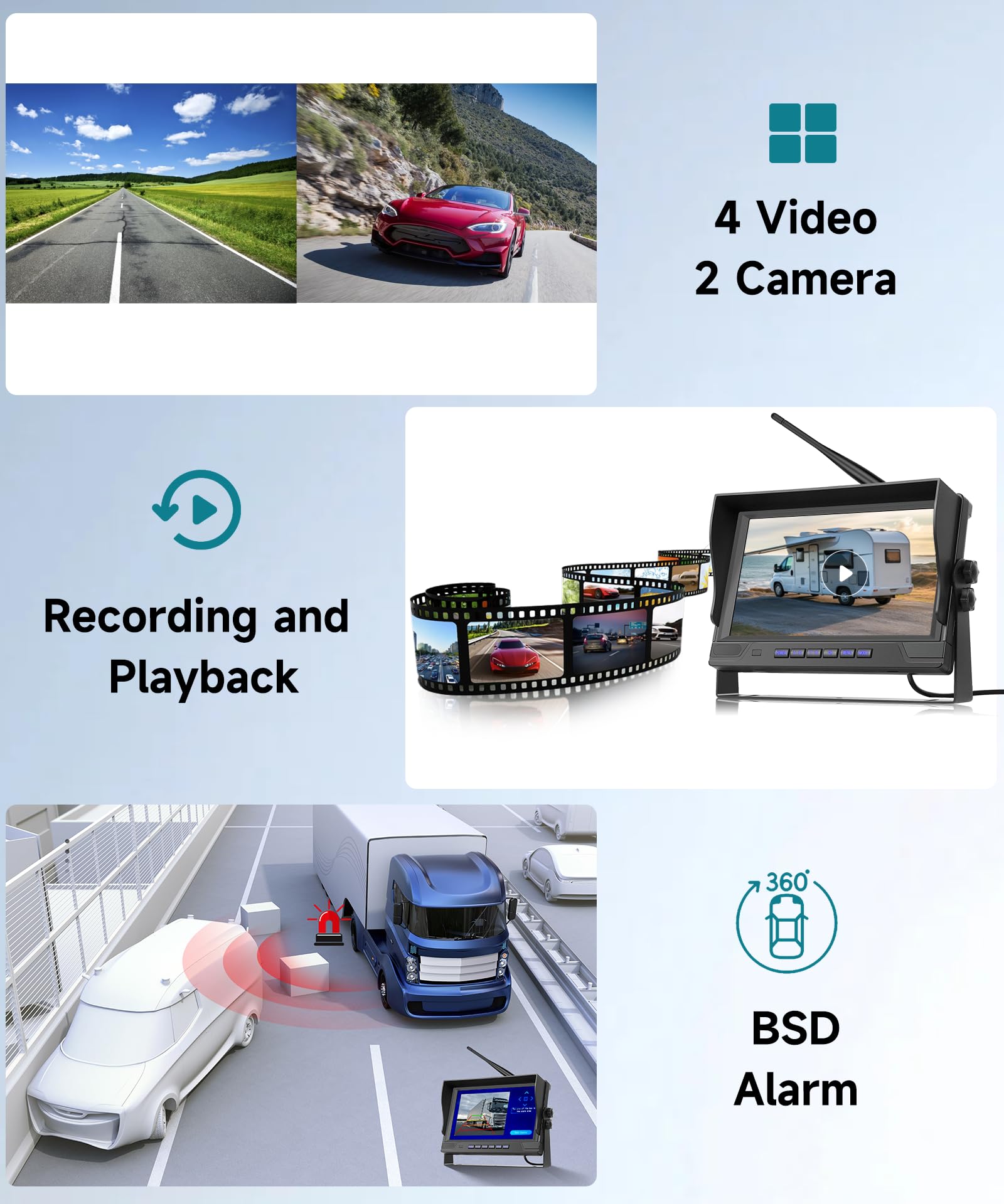POFOFO 9-Inch AHD Wireless Backup Camera System with Night Vision & Waterproof Design - 2 Split Screen, DVR Dash for RV, Travel Trailer, Truck, Camper, Bus, Van, Pickup - Perfect for Safe Parking, Reversing & Blind Spot Monitoring