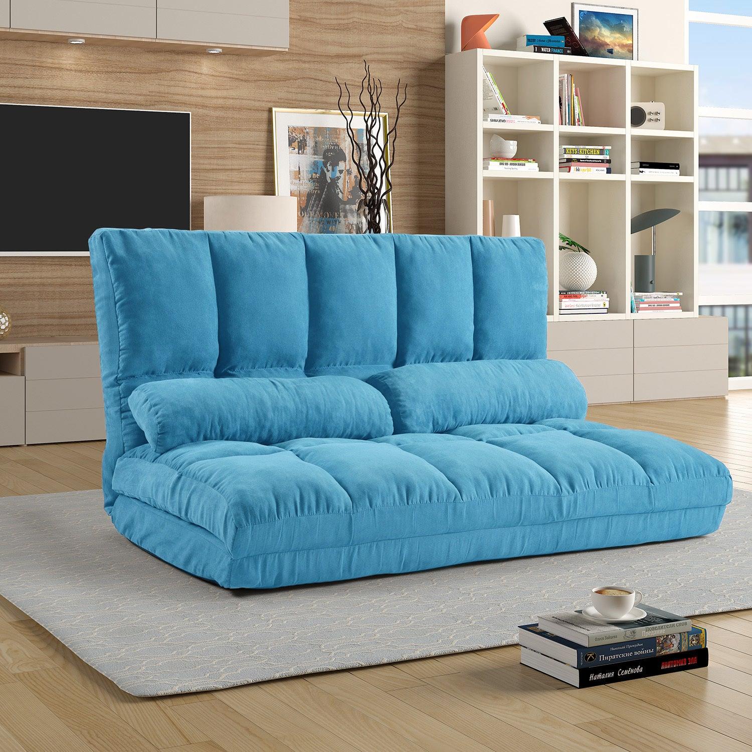 Double Chaise Lounge Sofa - Floor Couch with 2 Pillows, Blue - Perfect for Living Room, Bedroom & Home Theater Relaxation