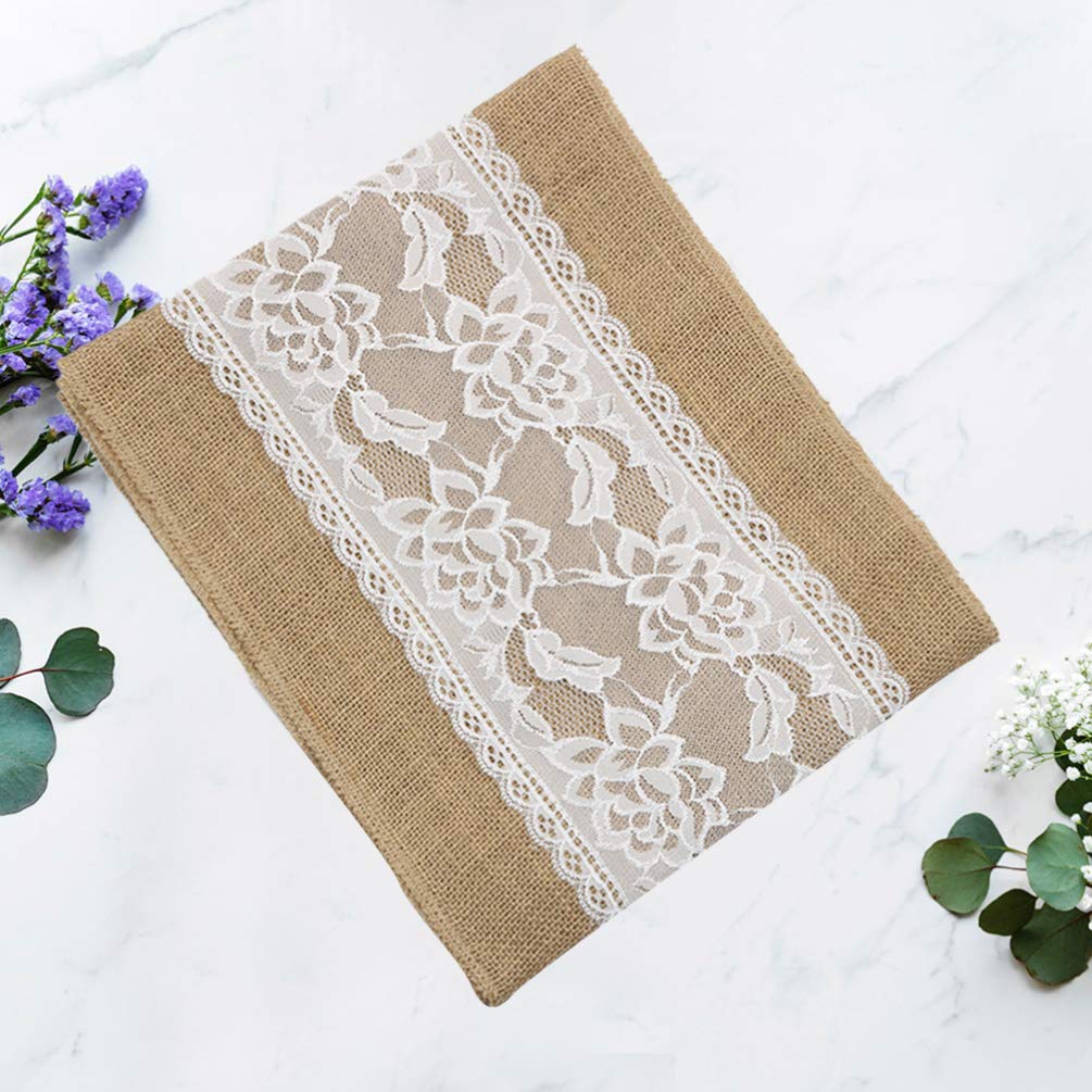 Amosfun 1pc Natural Jute Lace Table Runner for Christmas, Wedding, Home Decor - Macrame Linen Tablecloth & Table Flag - Perfect for Dining Tables, Buffets, and Party Decorations