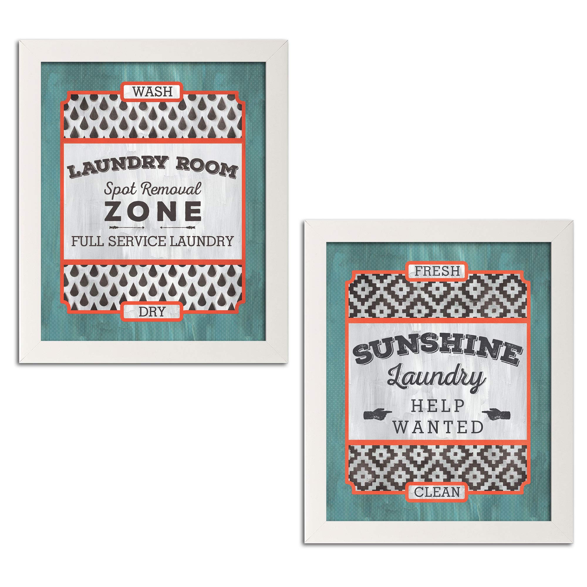 Fun Modern Laundry Signs - Sunshine Laundry Help Wanted & Full Service Laundry Room - Set of Two 8x10 Inch Framed Wall Art Prints - Ready to Hang - Perfect for Laundry Room Decor, Home Office, or Gift Idea
