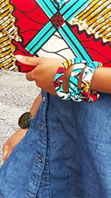 2-Pack Blue and Red African Print Bangles DPJ3551B - Stylish Handmade Bracelets for Women, Boho Fashion Accessories for Parties and Festivals