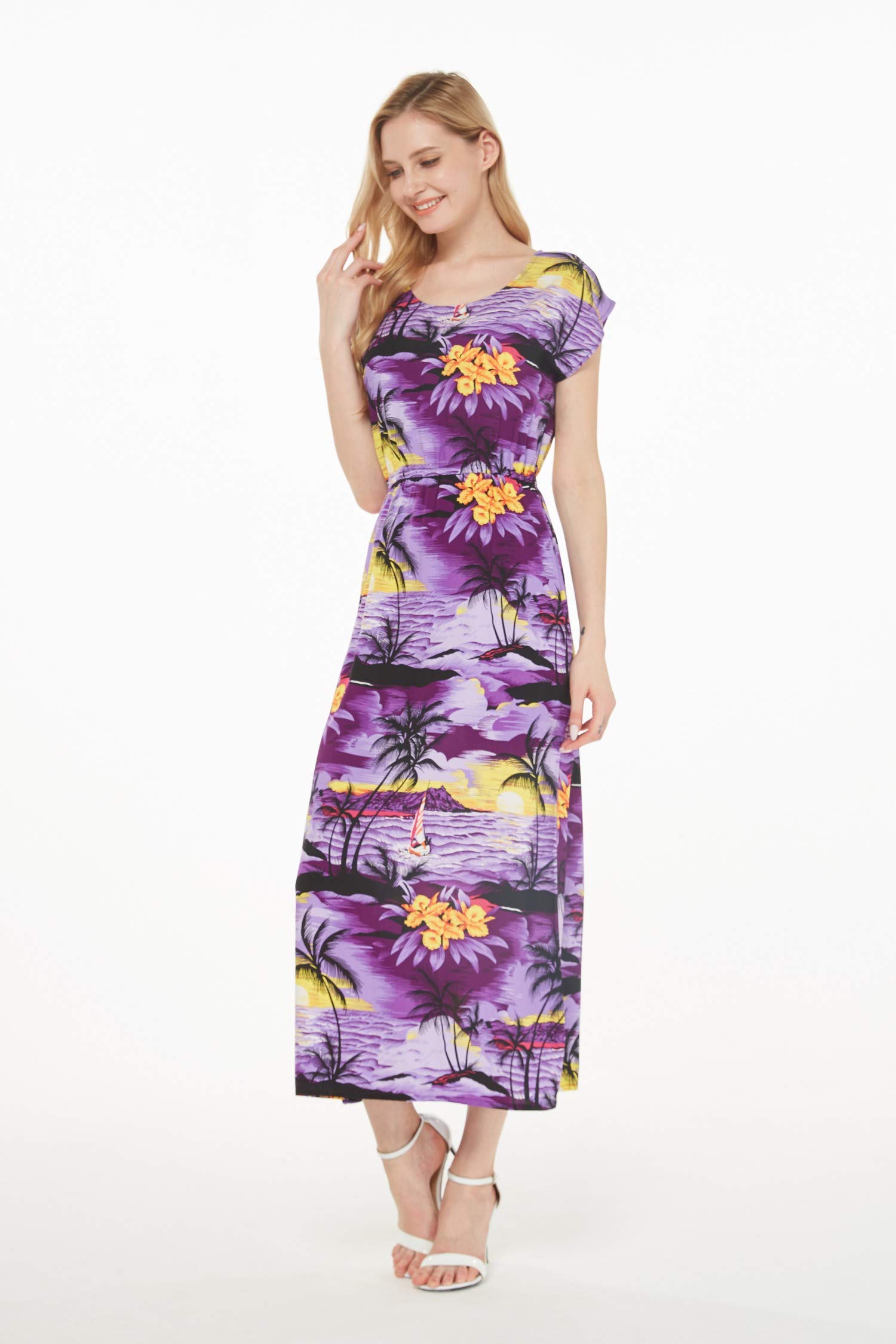 Women's Hawaiian Luau Cap Sleeve Maxi Dress - Floral Print Beach Sunset Dress for Summer Vacation, Pool Party & Tropical Getaway