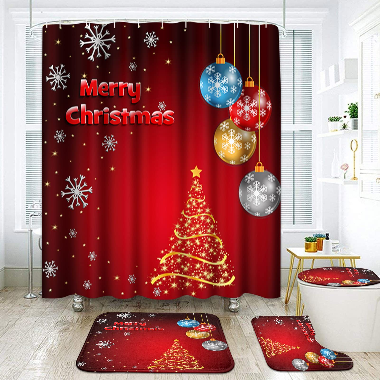 Christmas Bathroom Set with Golden Tree Shower Curtain, Non-Slip Rugs & Accessories - 4 Piece Holiday Decor for Winter, Snowflake & Ball Pattern - Perfect for Home, Guest Bathroom & Seasonal Decorating