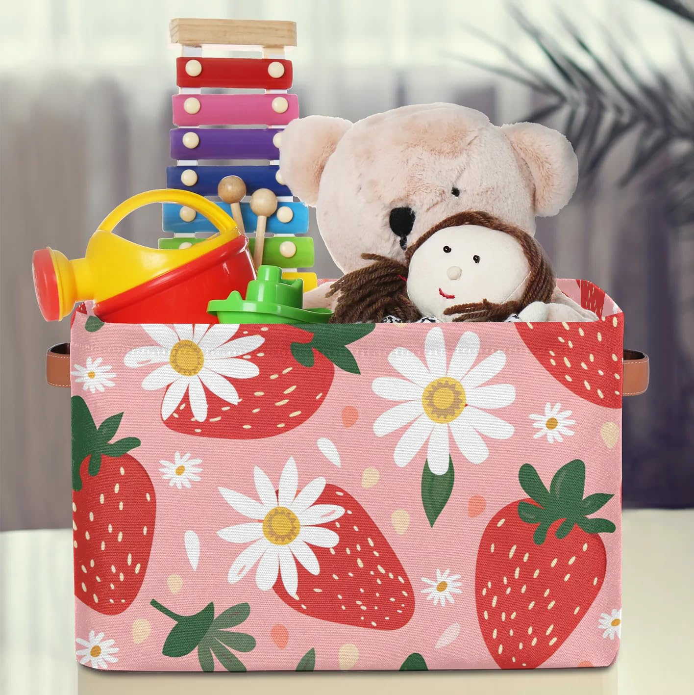 Strawberry Daisy Large Fabric Storage Baskets with Handles - 2 Pack Collapsible Closet Organizers for Shelves | Home Organization for Clothes, Toys & More | Perfect for Bedroom, Nursery & Playroom Storage