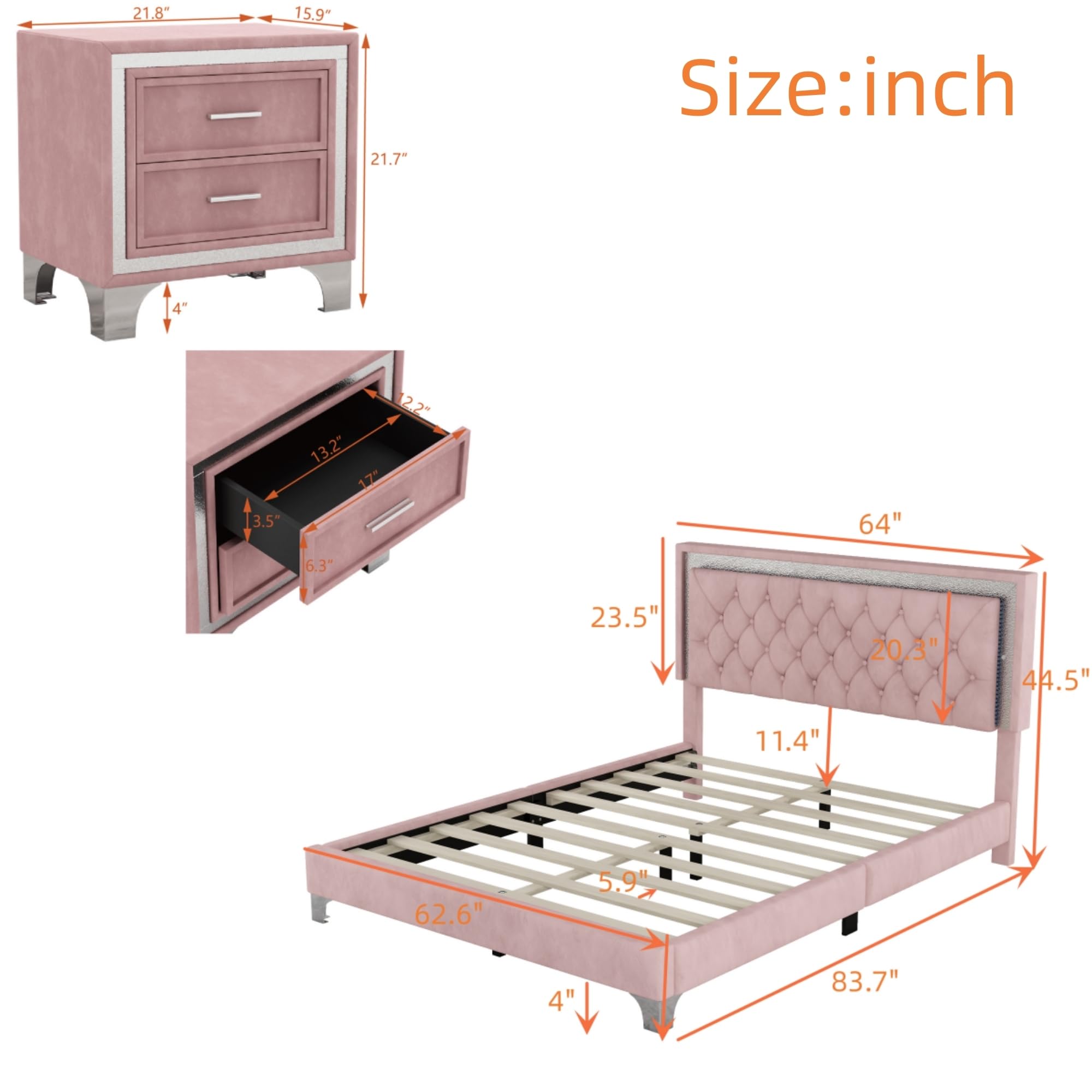 Linique 3-Piece Queen Size Bedroom Set with LED Upholstered Platform Bed Frame & Nightstands - Modern Velvet Wooden Bed with Button Tufted Headboard in Pink | Perfect for Contemporary Bedrooms & Master Suites