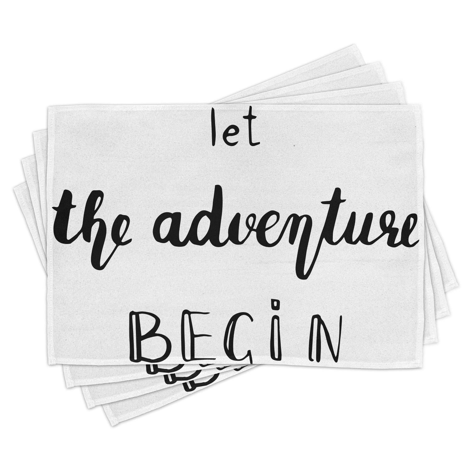 Ambesonne Adventure Place Mats Set of 4 - Inspirational Handwritten Typography Doodle Art - Washable Fabric Placemats for Dining Table & Kitchen Decor in Black & White - Perfect for Dinner Parties, Family Gatherings & Daily Meals
