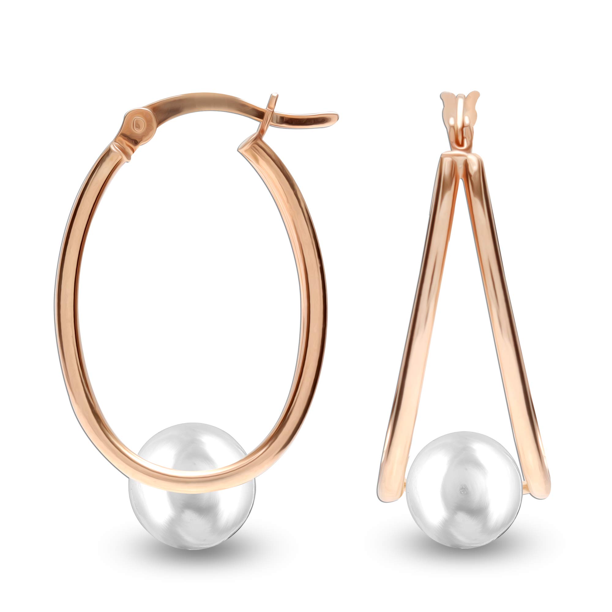 LeCalla Flaunt 925 Sterling Silver Oval Double Hoop Earrings with Pearl Accents for Women & Teens | Elegant Everyday Wear & Special Occasion Jewelry
