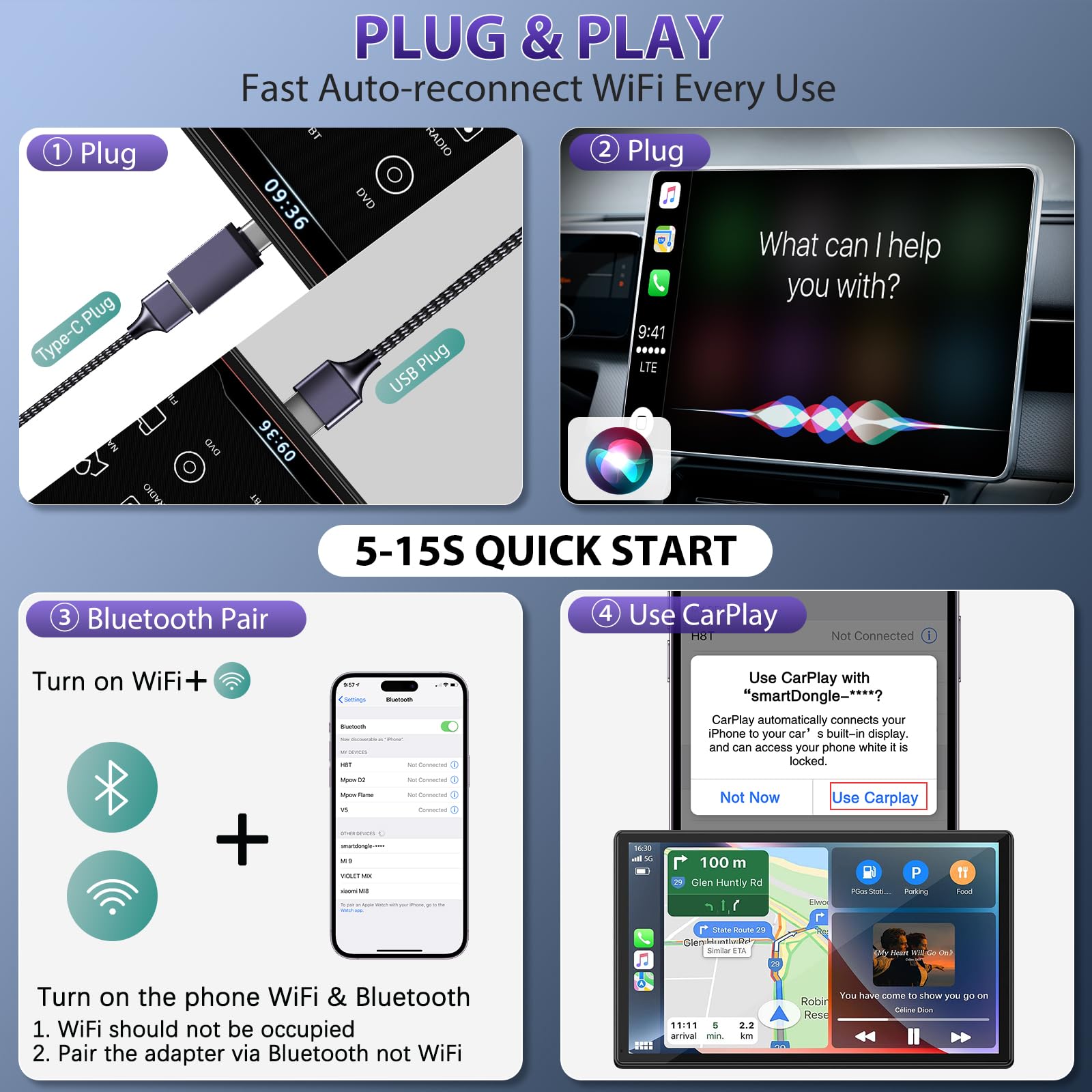 2024 Wireless CarPlay Adapter - Convert Wired to Wireless for iPhone | Plug & Play Apple CarPlay Dongle | Bluetooth Car Adapter for 2016+ Vehicles & iOS 10+ | Black | Perfect for Commuting & Road Trips