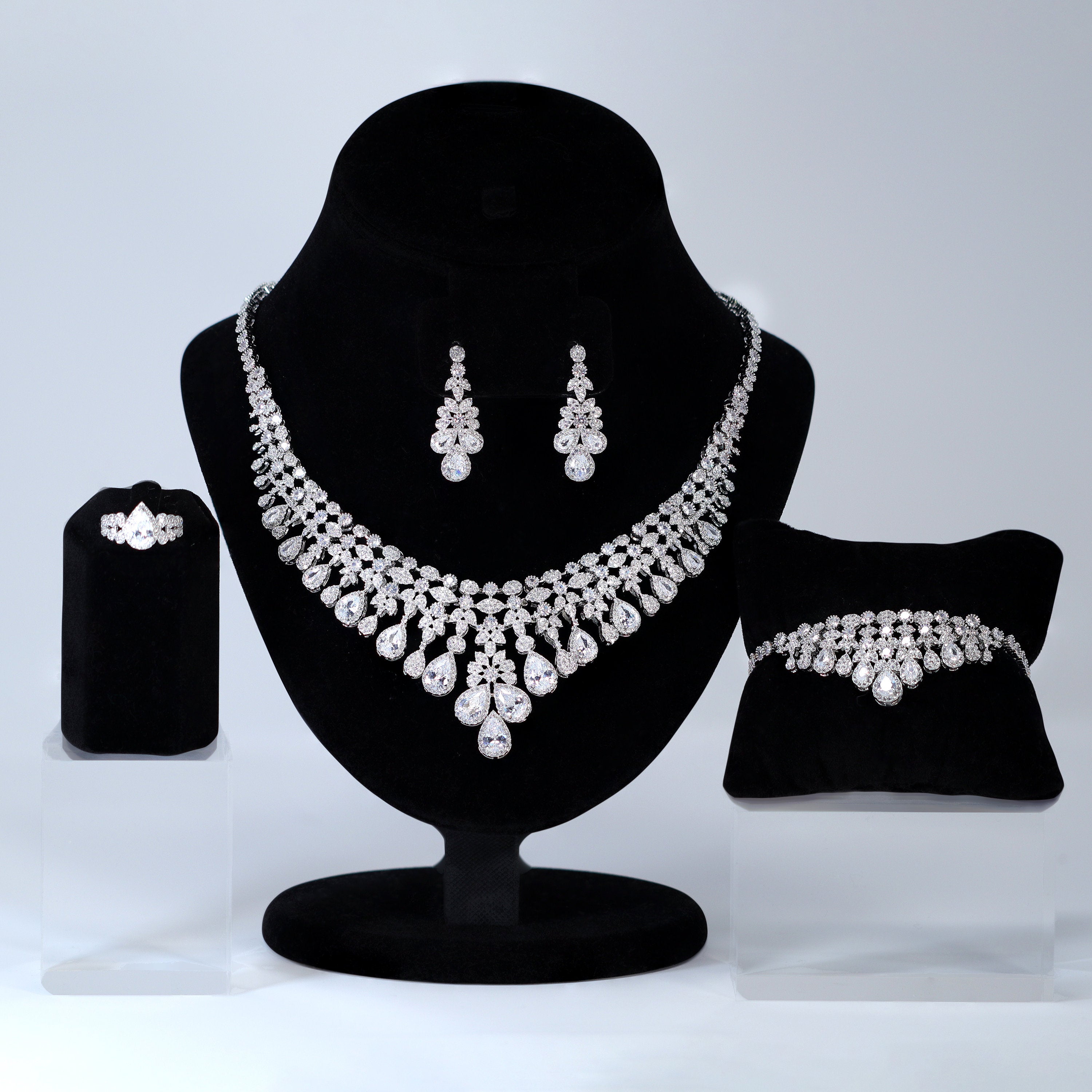 Elegant Diamond & Swarovski Crystal Floral Vine Drop Necklace Set with Statement Earrings - Long Bridal Jewelry for Weddings, Prom & Special Occasions