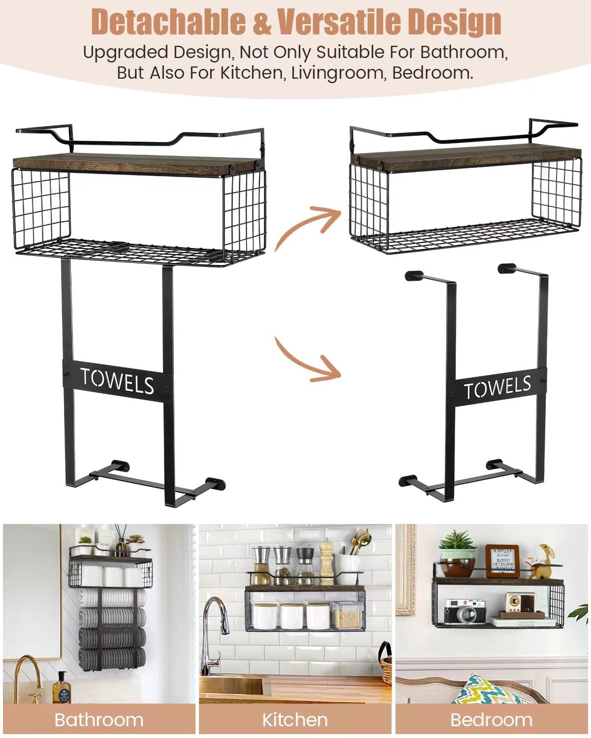Rustic Brown Wooden Wall Mounted Bathroom Towel Rack Set - Space Saving Rolled Towel Shelf Organizer for Small Bathrooms - Perfect Above Toilet Storage & Bathroom Wall Decor for Home, Apartment, and RV Use