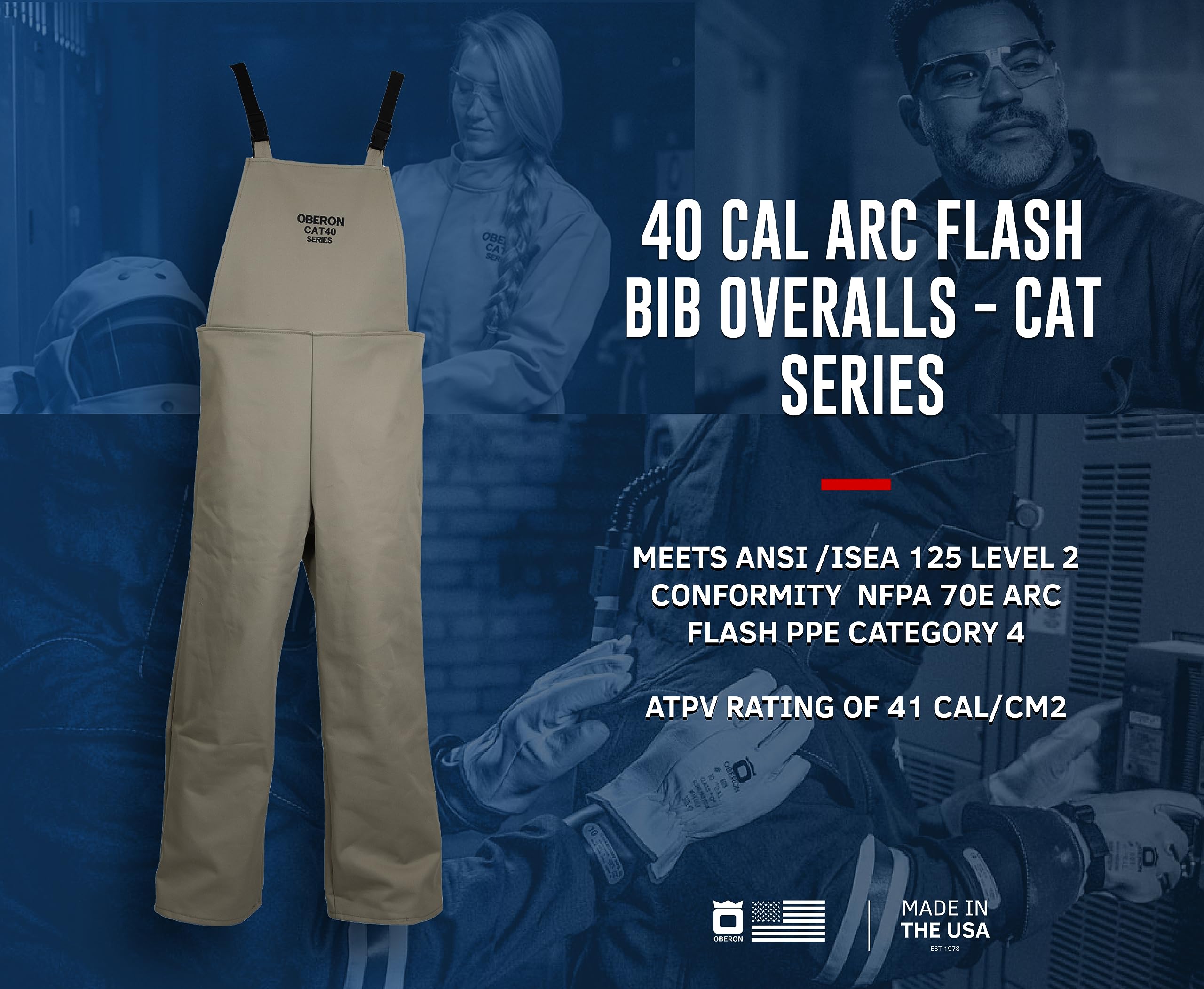Oberon Arc Flash Bib Overalls - 40CAL CAT Series - Heavy Duty Flame Resistant Work Coveralls for Electrical Safety - Ideal for Electricians, Linemen & Industrial Workers