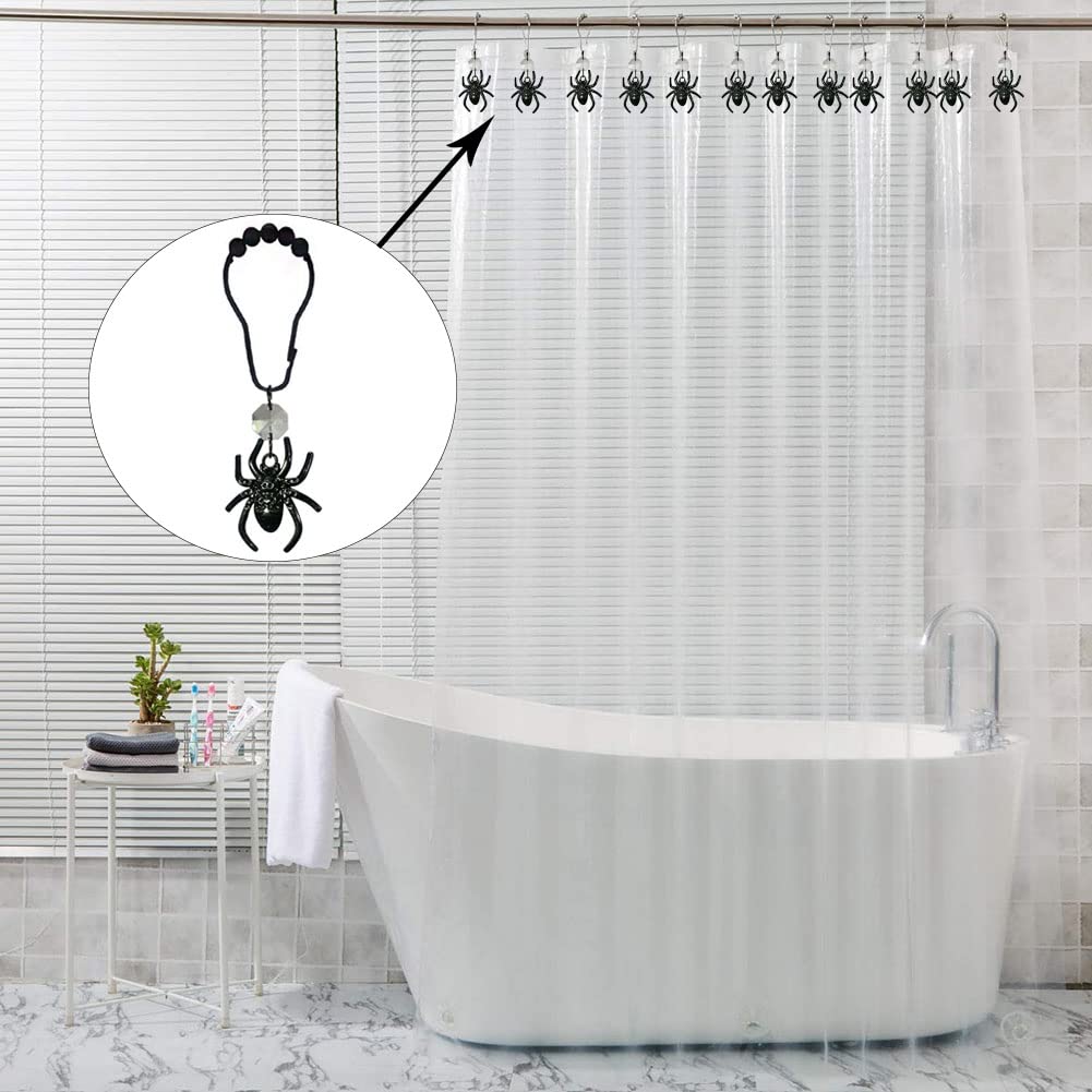12-Pack Black Stainless Steel Spider Shower Curtain Hooks with Crystal Beads - Rustproof Bathroom Accessories for Halloween Decor, Gothic Theme & Spooky Bathroom Design