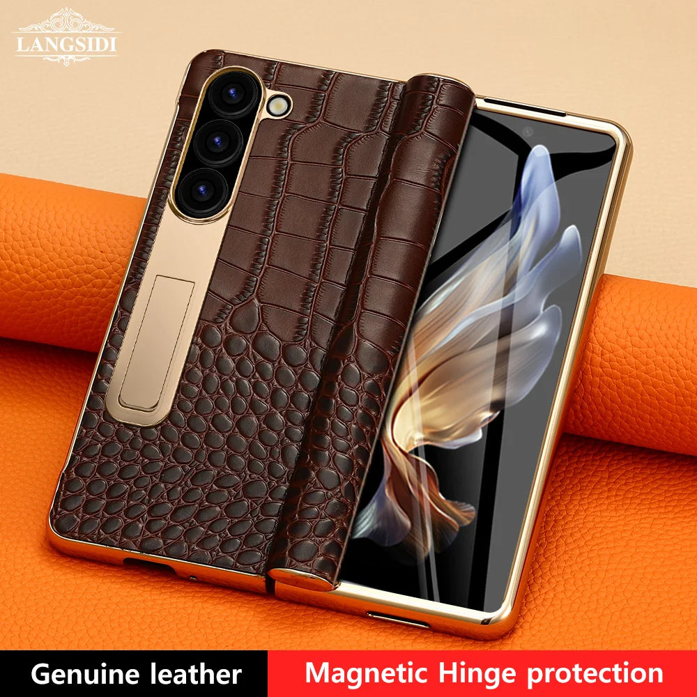Premium Real Leather Phone Case for Samsung Galaxy Z Fold 6 with Hinge Kickstand - Slim Protective Cover for Work, Travel & Everyday Use