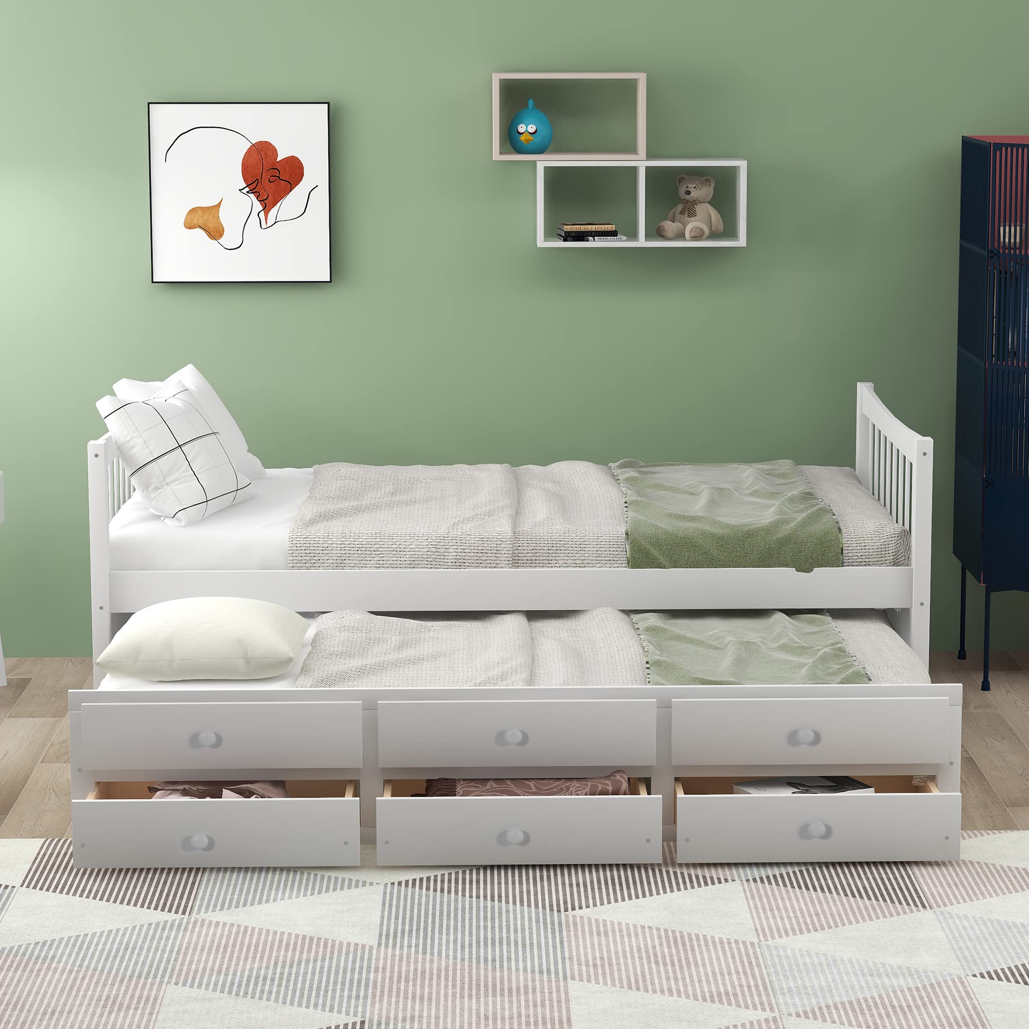 Merax Twin Daybed with Trundle - White Wooden Twin Bed Frame with Storage Drawers, Space-Saving Kids Captain Bed for Small Rooms | Perfect for Guest Rooms, Kids Bedrooms & Dormitories