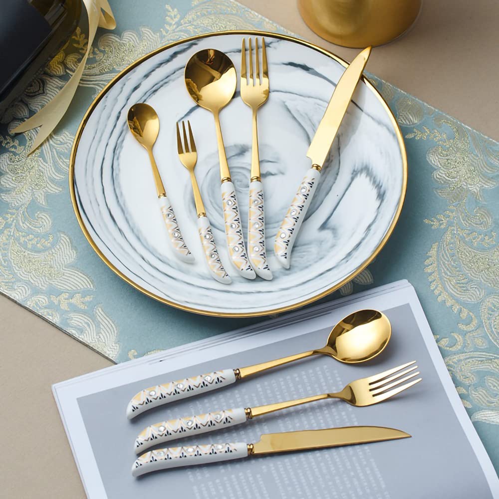 32-Piece RIS LAN Silverware Set - Stainless Steel Flatware with Ceramic Titanium Gold Plating - 8-Person Cutlery Set with Knives, Spoons & Forks - Curved Hook Handle Design, Mirror Polished & Dishwasher Safe - Perfect for Home Dining, Dinner Parties & Restaurant Use