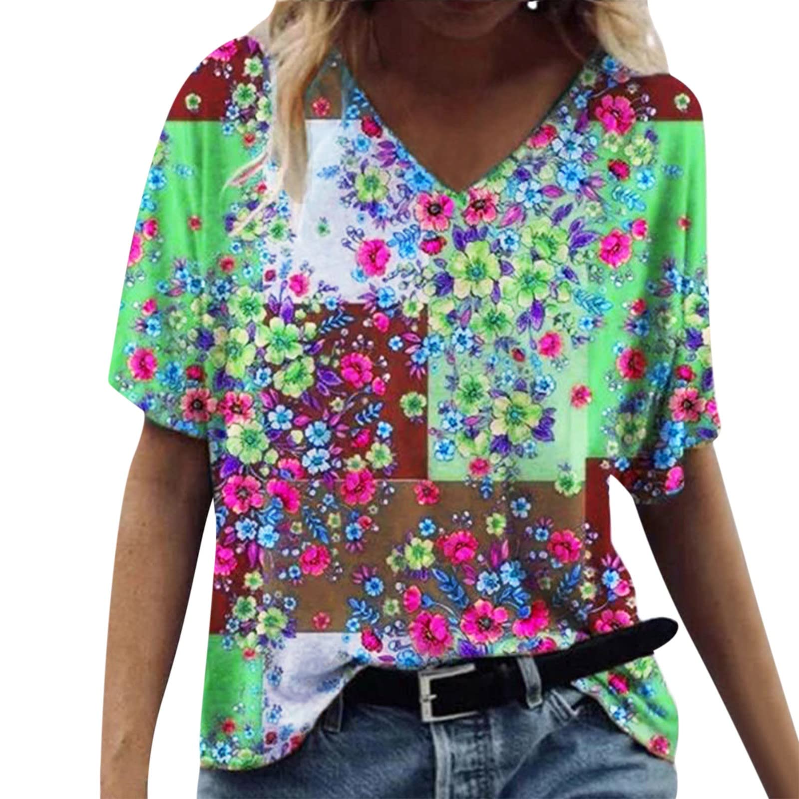Stylish Women's V-Neck Short Sleeve Casual Blouse - Full Body Printed Cotton Top for Summer Outfits, Beach Wear & Daily Fashion
