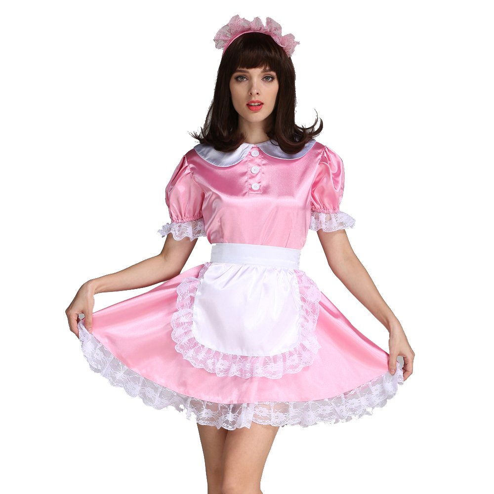 Sexy Pink Satin French Maid Costume for Women - Halloween Cosplay, Role Play, Crossdressing & Party Outfit
