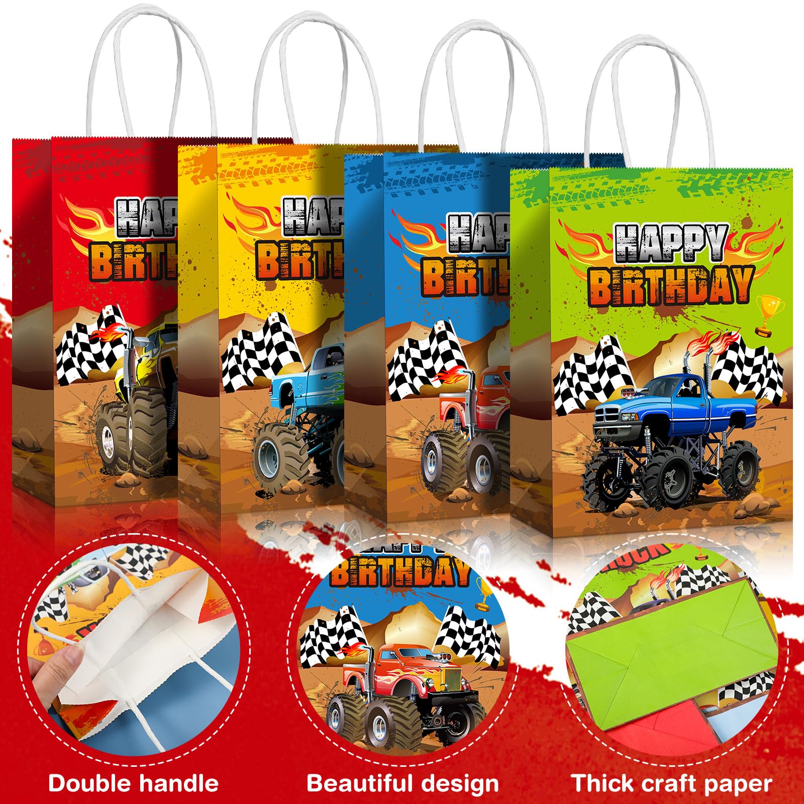 Monster Truck Party Favor Bags - 16 Pcs Racing Truck Themed Paper Gift Bags for Candy & Treats | Perfect for Kids Birthday Parties, Goodie Bags & Themed Events
