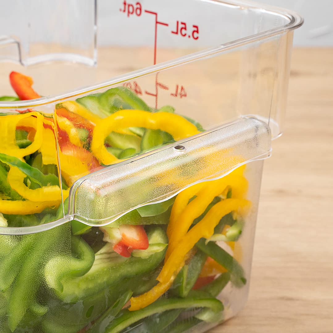 Restaurantware Met Lux 6 Quart Brine Buckets - 10 Pack Square Marinating Containers with Volume Markers & Built-In Handles | Clear & Red Plastic Dough Rising Buckets | Freezer-Safe (Lids Sold Separately) | Perfect for Commercial Kitchens, Bakeries & Food Prep