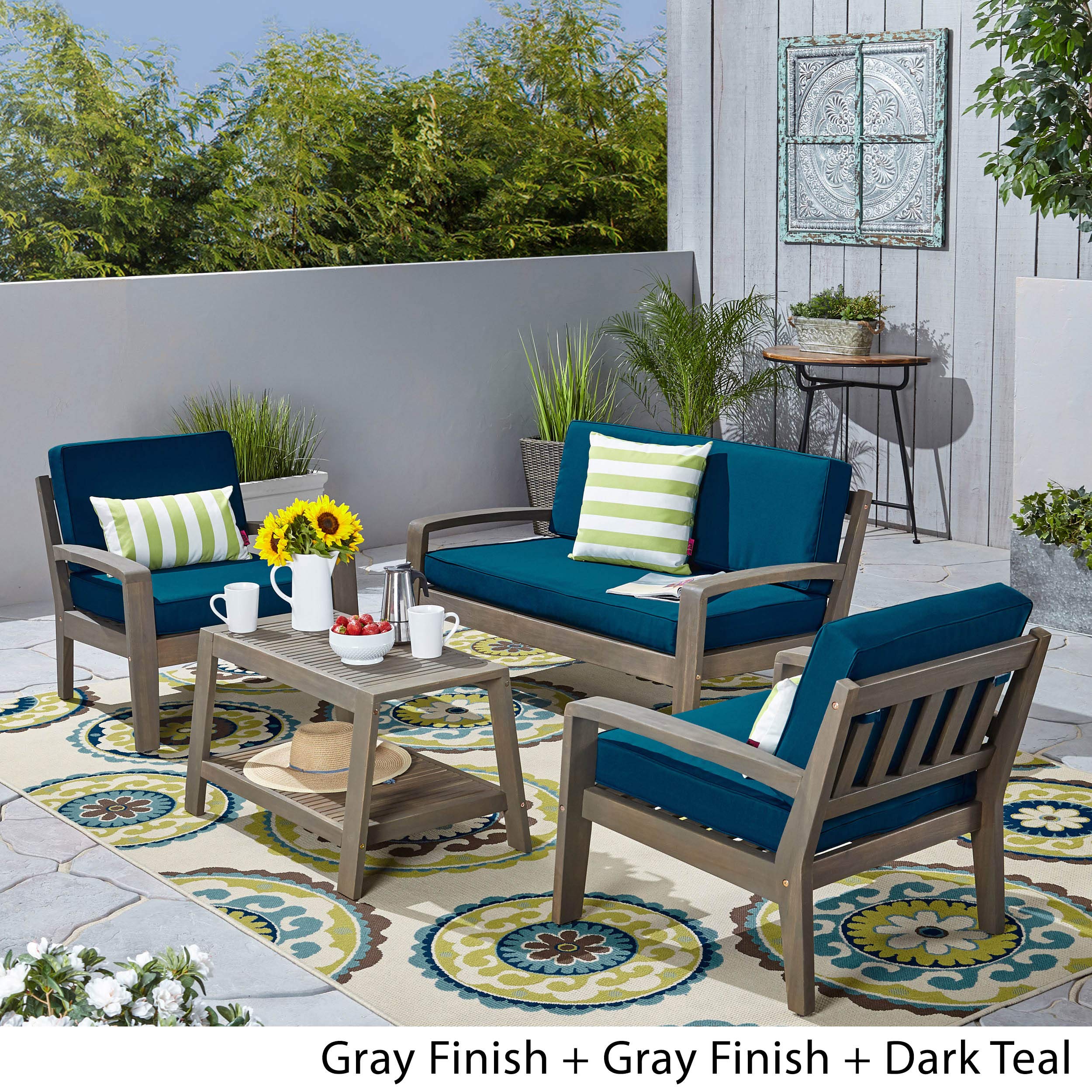 GDFStudio 4-Piece Patio Conversation Set with Coffee Table - Acacia Wood, Gray Finish & Teal Cushions - Outdoor Furniture for Garden, Deck, Poolside - Perfect for Entertaining & Relaxing