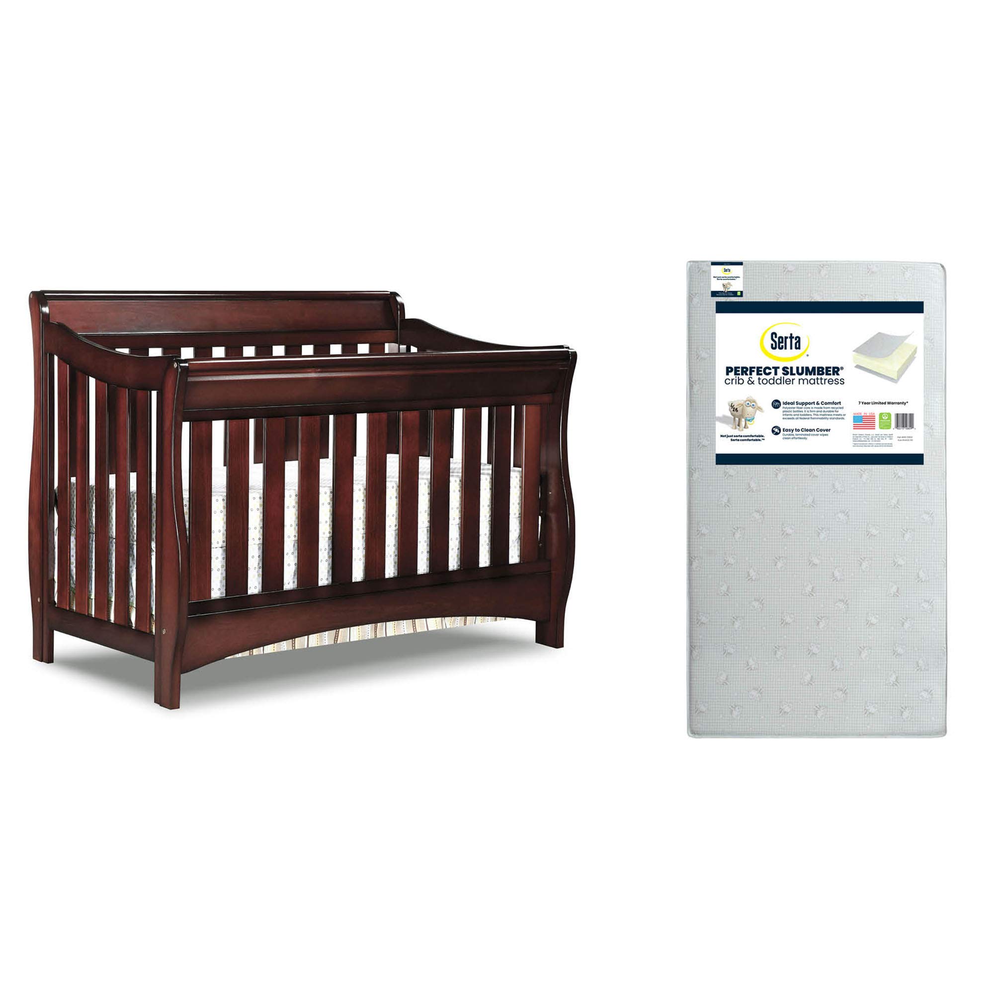 Delta Children Bentley S Series 4-in-1 Convertible Crib in Black Cherry Espresso with Serta Perfect Slumber Dual-Sided Recycled Fiber Core Crib & Toddler Mattress Set - Nursery Essentials for Newborns to Big Kids