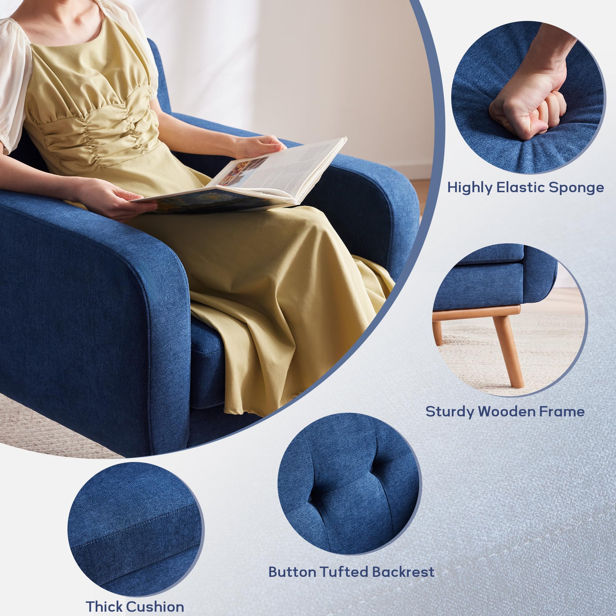 HUIMO Mid Century Modern Fabric Accent Chair - Button Tufted Armchair with Upholstered Seat for Living Room, Bedroom, Office & Study - Easy Assembly Comfortable Reading Chair (Dark Blue) - Perfect for Relaxing, Working or Decorating Your Home Space