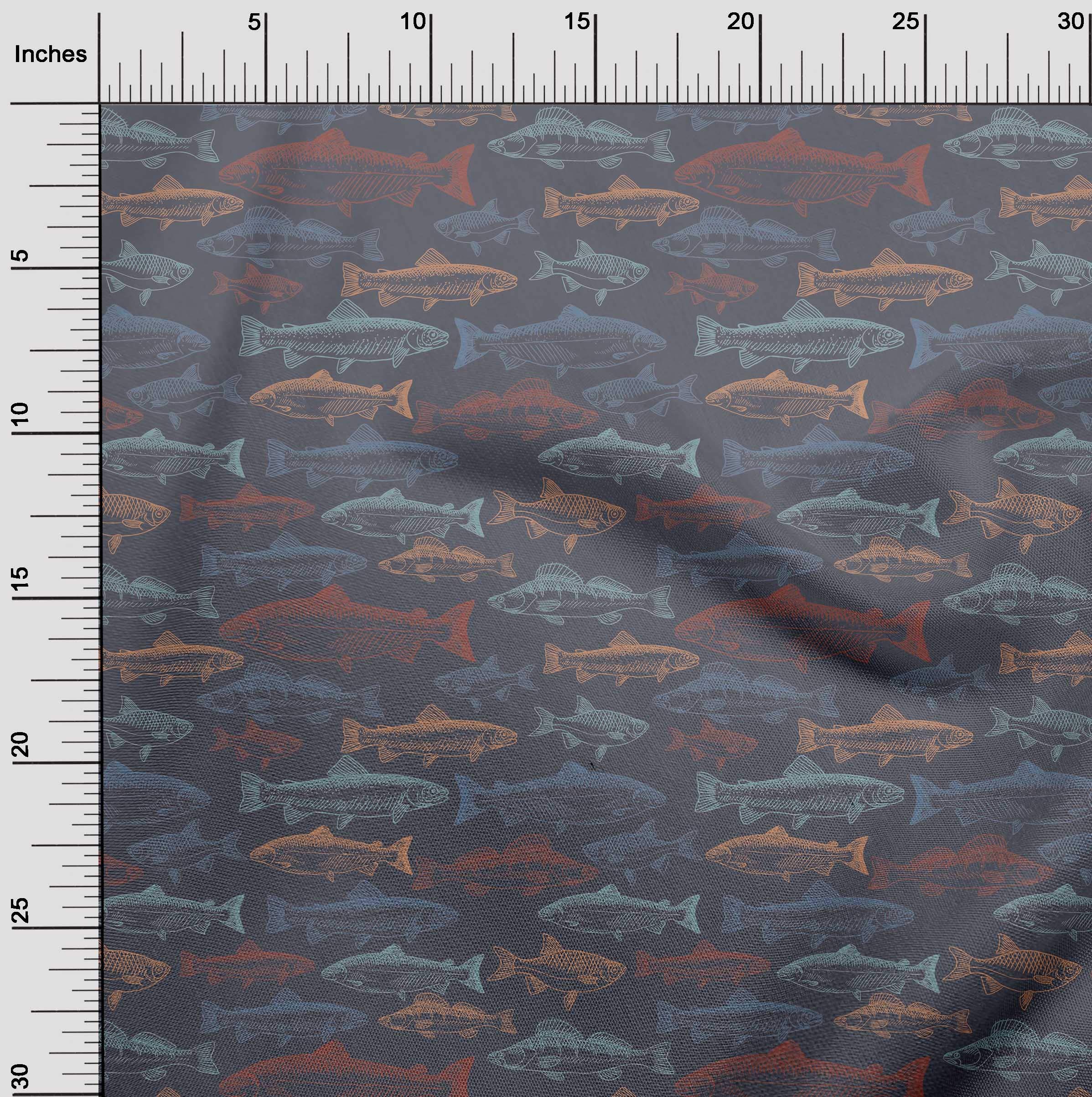 oneOone Georgette Viscose Gray Fabric Fish Ocean Print - 42 Inch Wide Sewing Material by The Yard for DIY Clothing, Dresses, Scarves & Home Decor Projects