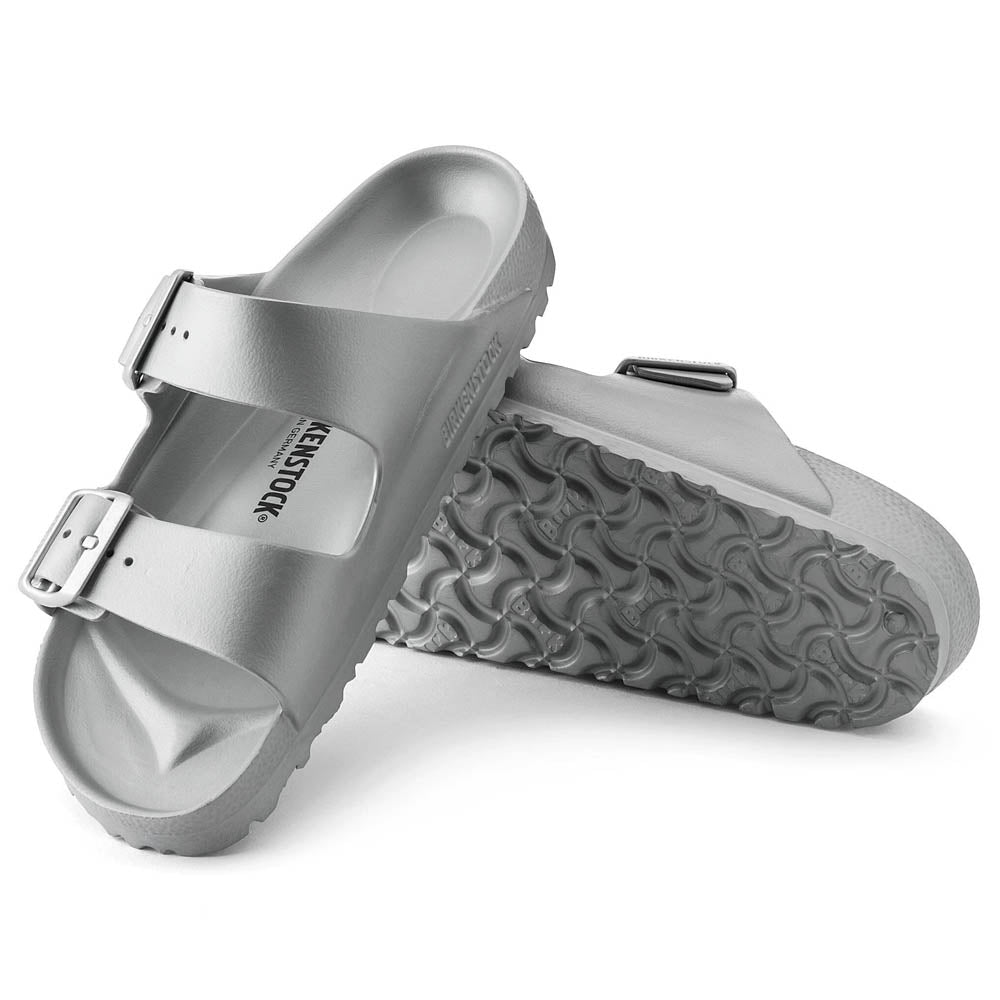 Birkenstock Unisex Arizona EVA Sandals Narrow Fit Metallic Silver | Comfortable Lightweight Slides for Beach, Pool & Casual Wear