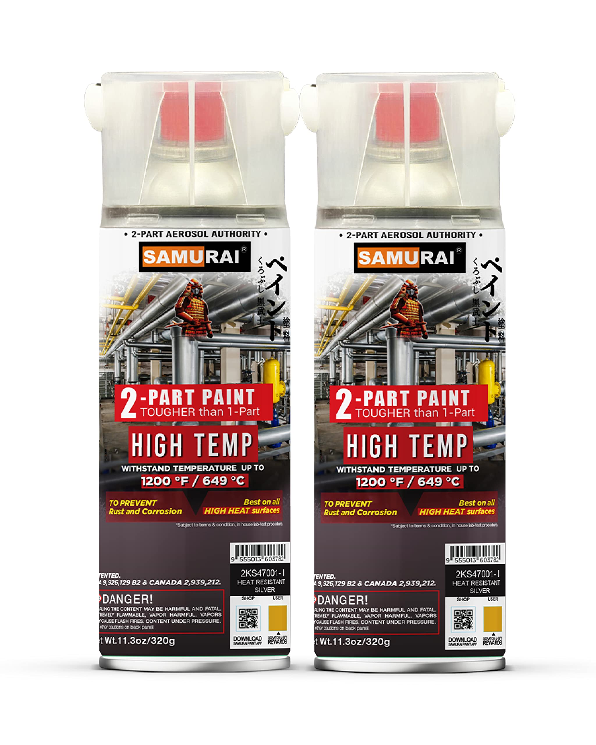 High Heat Resistant SAMURAI 2-Part Industrial Spray Paint - Black (2 Cans) - Perfect for Automotive, Grill, Engine & Metal Surface Protection