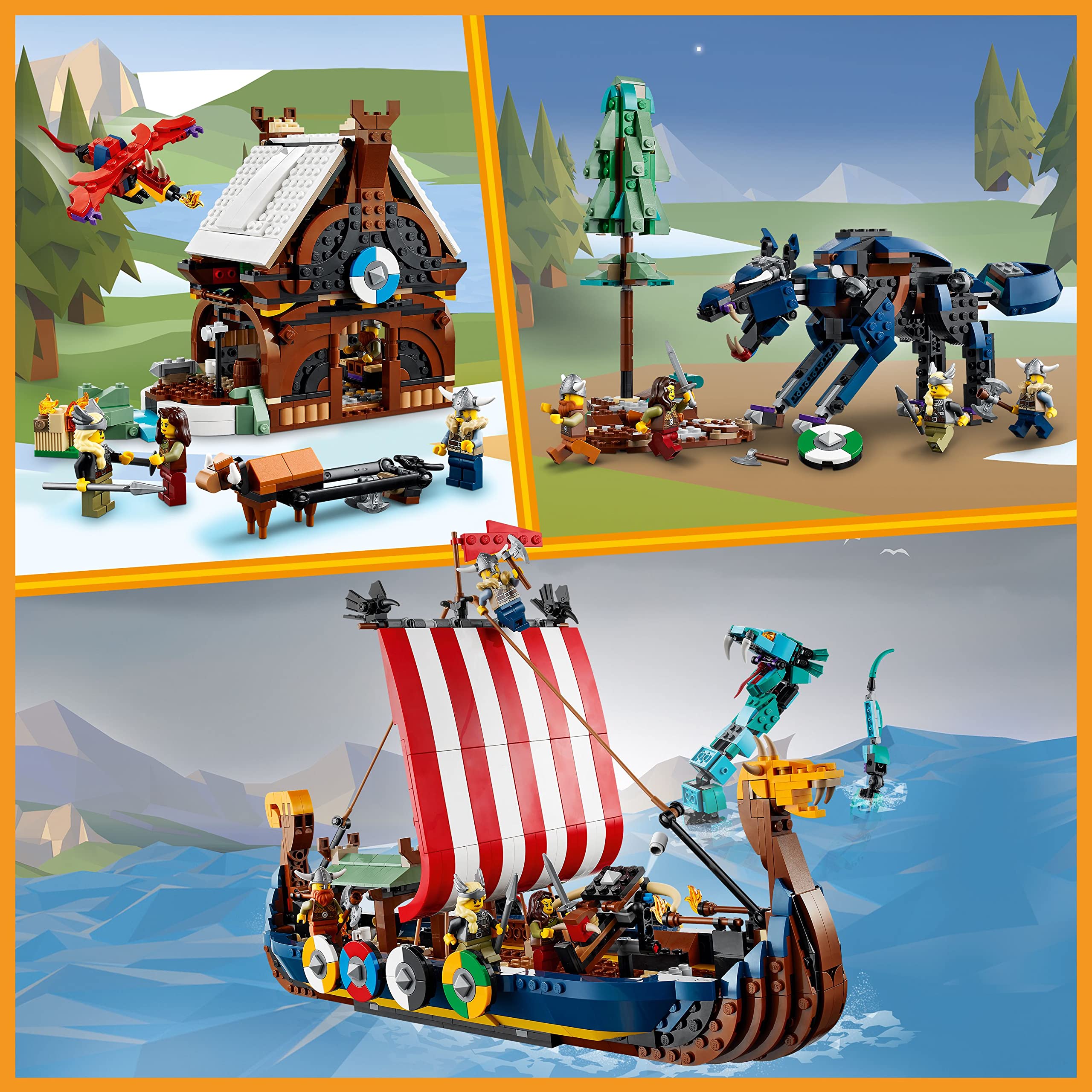 LEGO Creator 3-in-1 Viking Ship & Midgard Serpent Building Set - Convertible to Viking House or Fenris Wolf - Creative Construction Toy for Kids Ages 9+ - Perfect Gift for Boys & Girls - Fun Norse Mythology Adventure Play