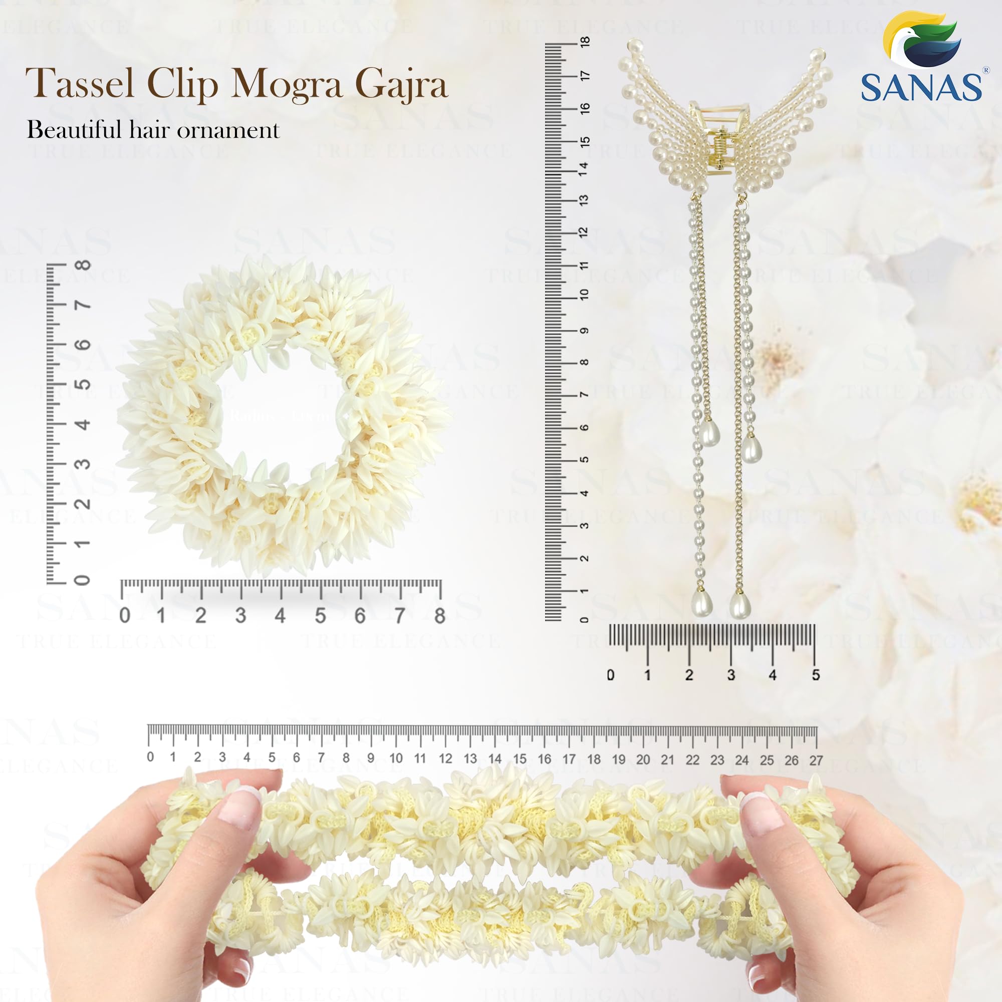 Artificial Mogra Gajra Scrunchie & Pearl Butterfly Hair Clip Set - Traditional Floral Hair Accessories with Gold Accents for Women - Perfect for Weddings, Festivals & Special Occasions (White) - Boho Bridal Hair Jewelry & Indian Cultural Events