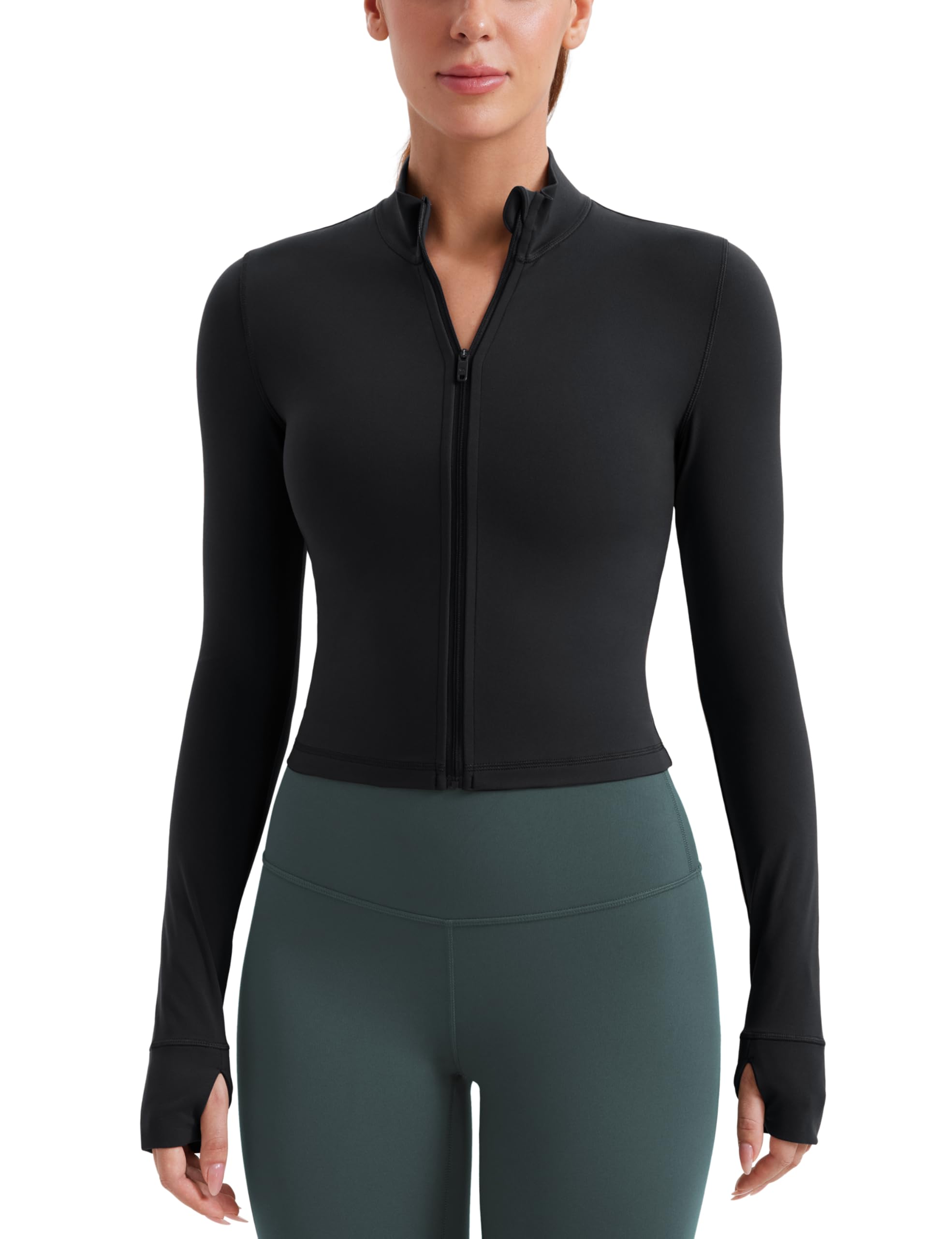 CRZ YOGA Women's Butterluxe Full Zip Cropped Workout Jacket - Slim Fit Lightweight Athletic Yoga Top with Thumb Holes for Running, Gym & Outdoor Activities
