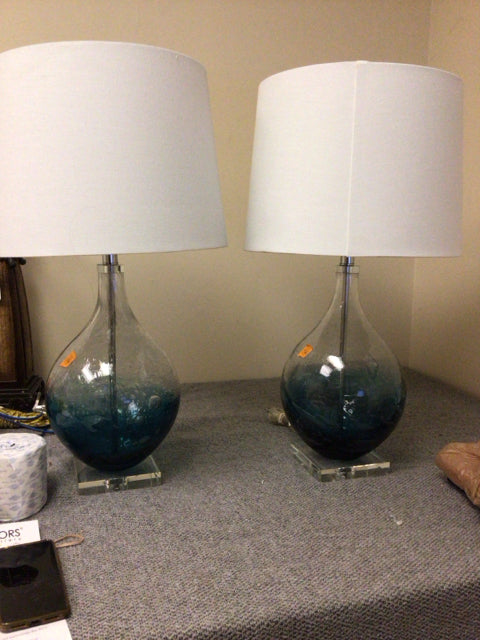 Blue and Clear Bubble Glass Table Lamps with Fabric Shades - Modern Bedside & Living Room Lighting for Home Decor