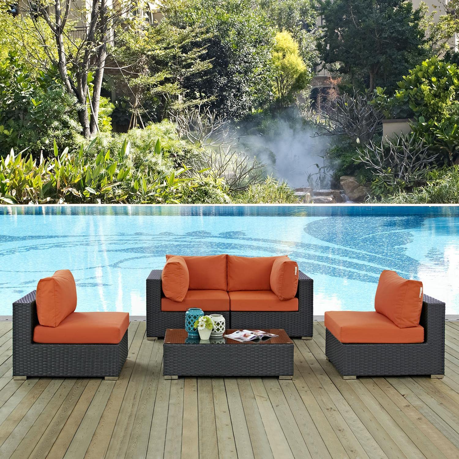 Modway Sojourn 5-Piece Outdoor Patio Sectional Set - Wicker Rattan Furniture with Sunbrella Canvas Cushions in Tuscan Beige - Perfect for Backyard, Poolside & Garden Relaxation