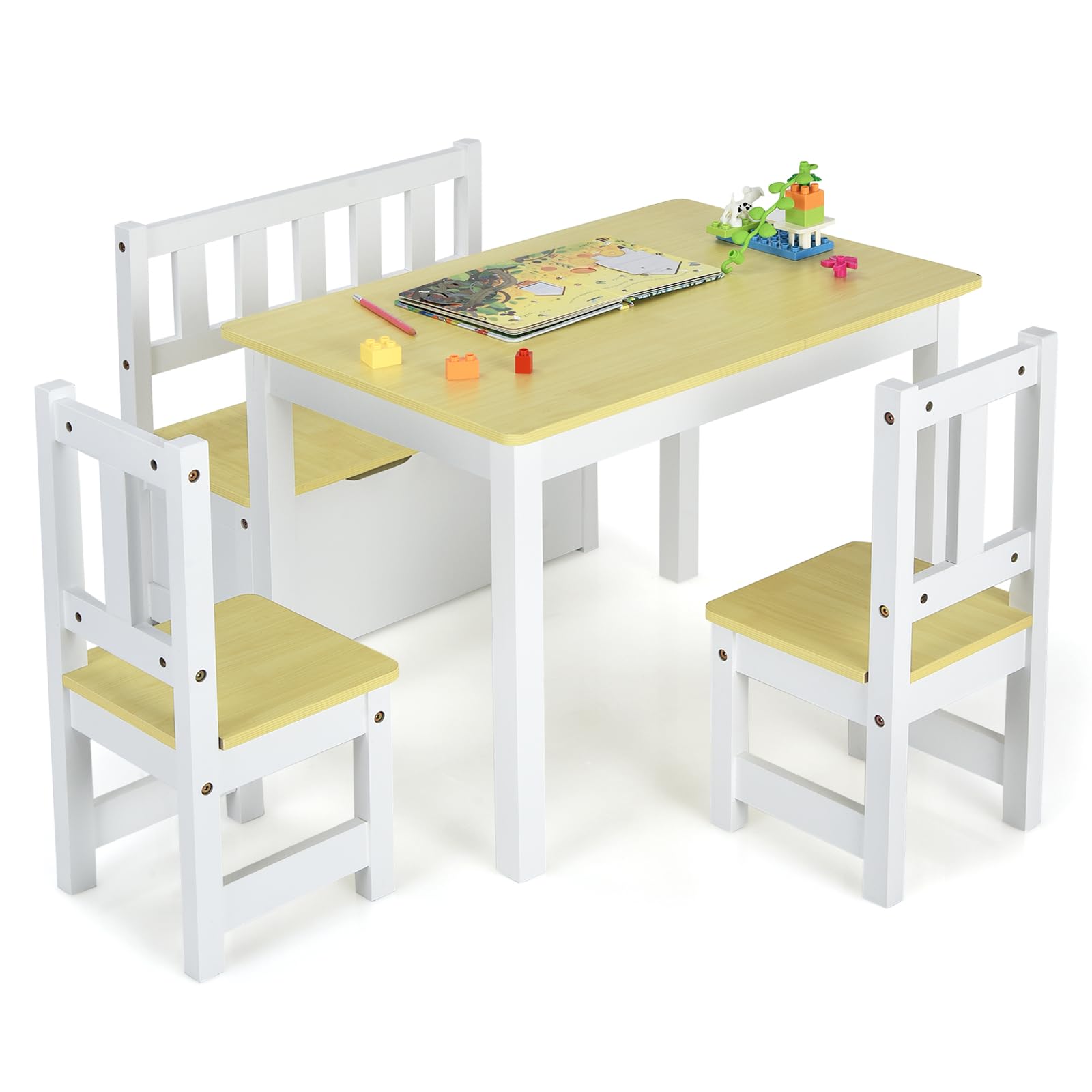 KOTEK 4-Piece Kids Table and Chair Set with Toy Storage Bench - Natural Wood Toddler Activity Table for Arts, Crafts, Snack Time - Perfect for Playroom, Kindergarten & Bedroom (Ideal for Learning, Drawing & Pretend Play)