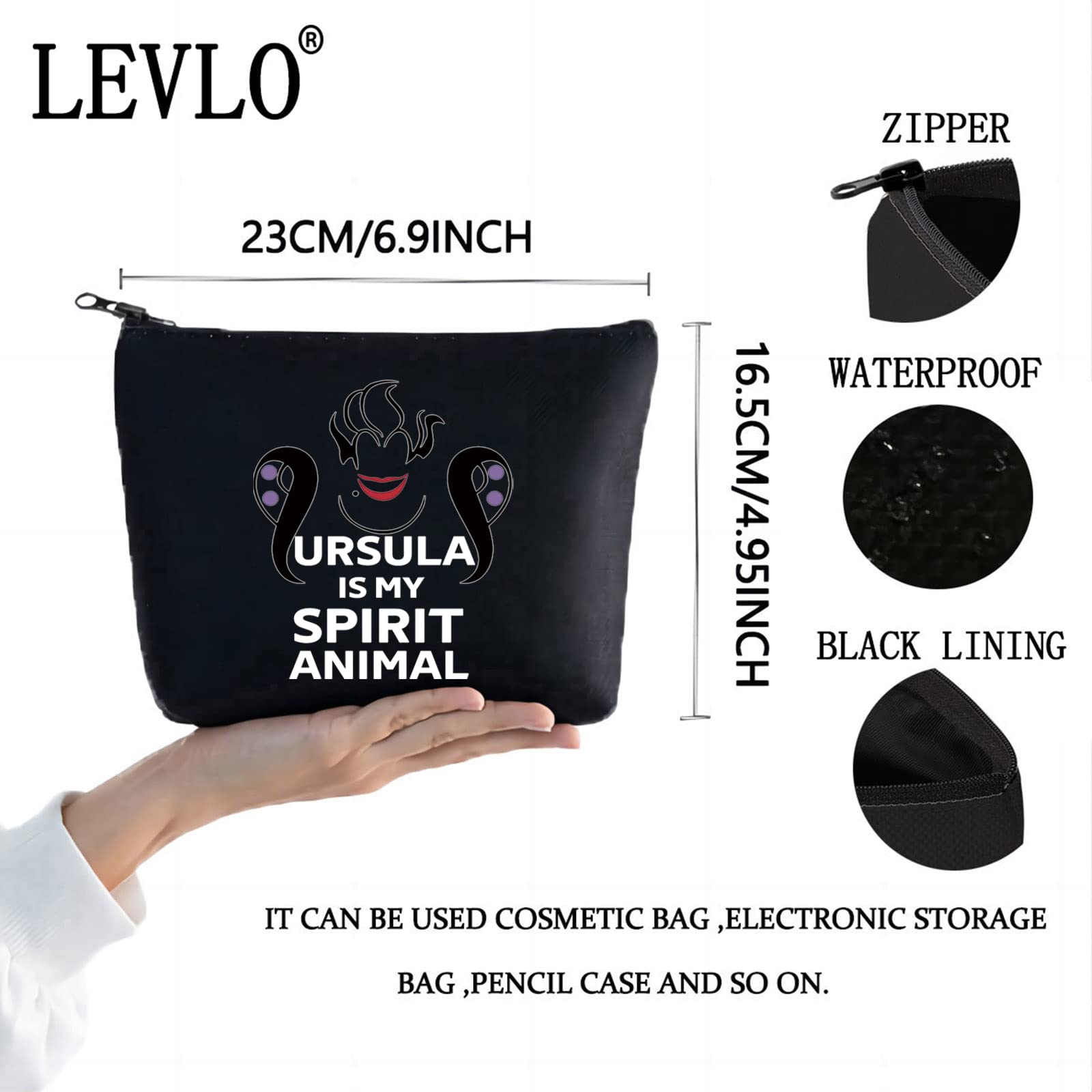 LEVLO Villains Witch Cosmetic Makeup Bag - Sea Witch Themed Zipper Pouch for Disney Fans & Villain Lovers (Black Ursula Spirit) - Perfect for Halloween Costumes, Disneybounding & Villain Cosplay Accessories