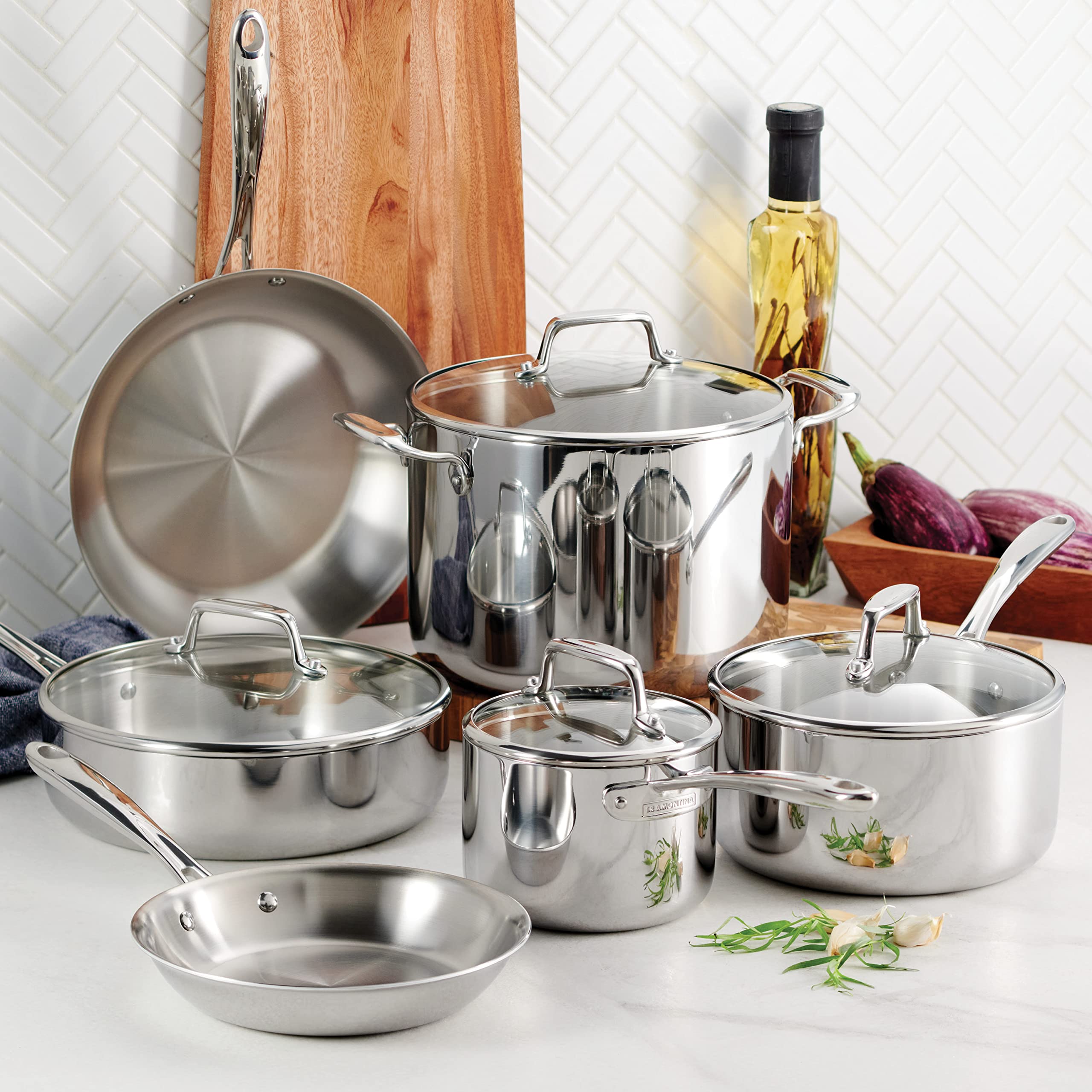 Tramontina 10-Piece Stainless Steel Tri-Ply Clad Cookware Set with Glass Lids - 80116/1011DS | Professional Kitchen Cookware for Sauteing, Boiling & Frying | Perfect for Home Chefs & Restaurants