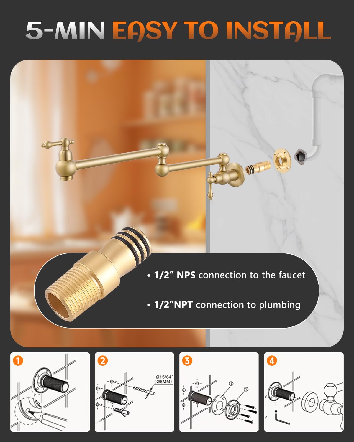 Brass Pot Filler Faucet Gold - Dual Valve Wall Mount Kitchen Faucet with Two Handles & Adjustable Swing Arms - Perfect for Stovetop Cooking, Soup Making & Large Pot Filling