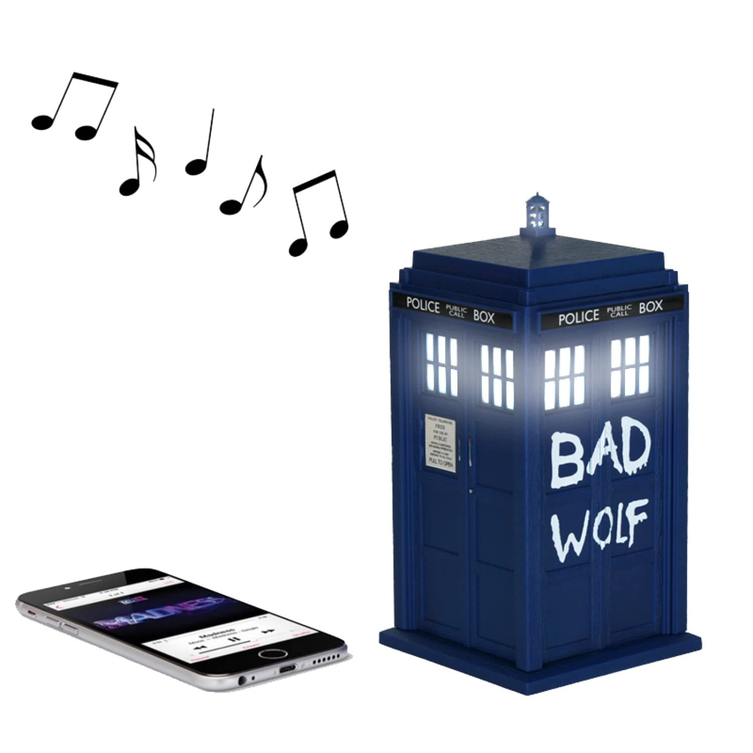 Doctor Who Bad Wolf Tardis Wireless Bluetooth Speaker with LED Lights & Sound Effects | Perfect Gift for Fans, Birthday Collectible for Men & Women - Great for Home Decor, Office Desk & Doctor Who Themed Parties