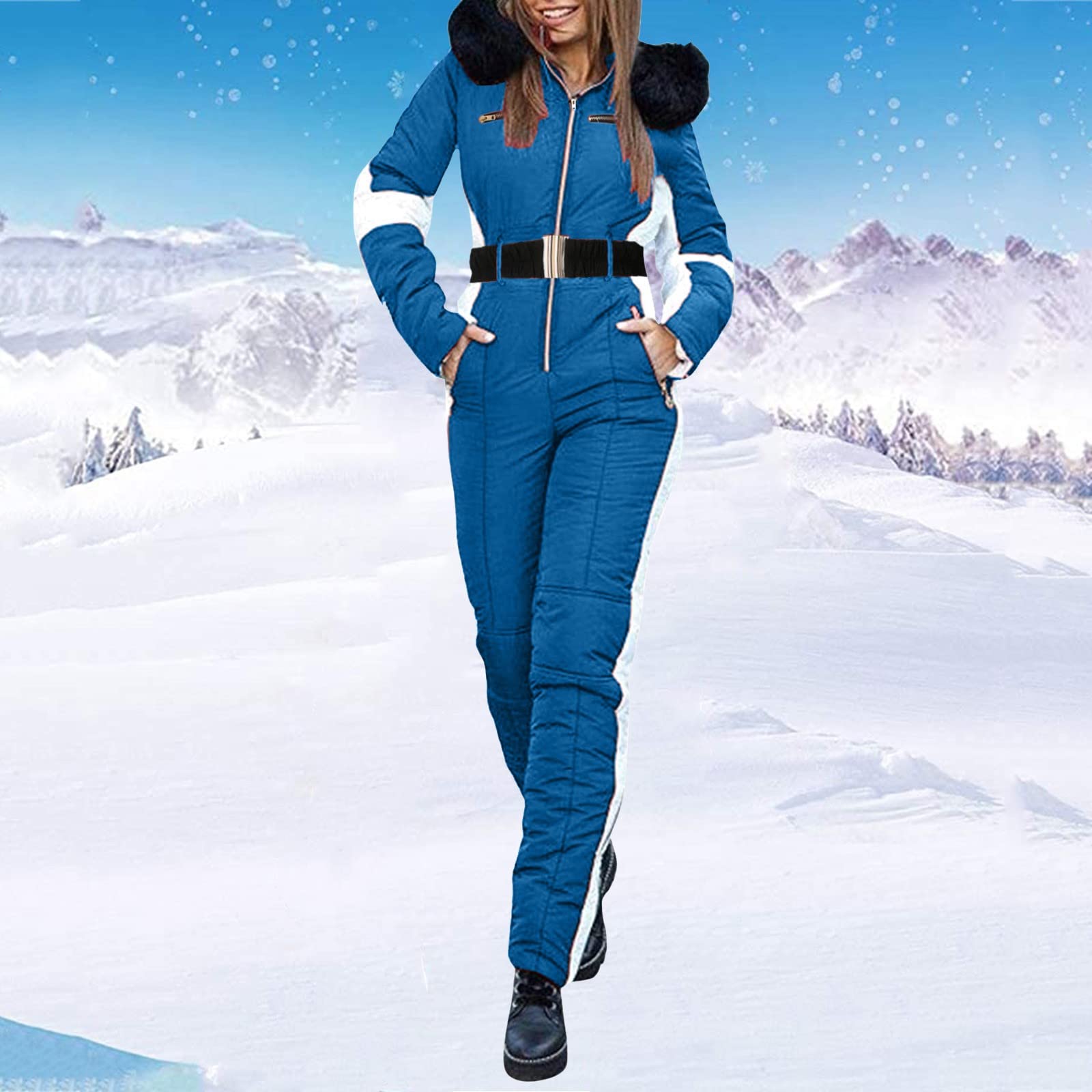 Women's One Piece Snowsuit - Winter Ski Jumpsuit with Fur Hood & Warm Insulation for Outdoor Sports | Perfect for Skiing, Snowboarding & Cold Weather Adventures