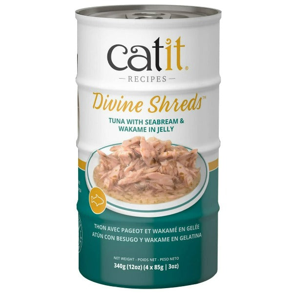 Premium Catit Divine Shreds Tuna with Seabream & Wakame in Jelly - Grain-Free Canned Cat Food Topper (4 Pack) - High Protein Wet Cat Food Supplement for Picky Eaters & Senior Cats - Perfect for Mealtime Topping or Mixing with Dry Food