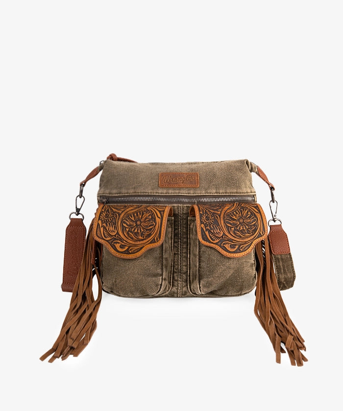 Wrangler Fringe Floral Tooled Denim Crossbody Bag for Women - Western Style Handbag Purse for Casual Outings, Music Festivals & Country Events