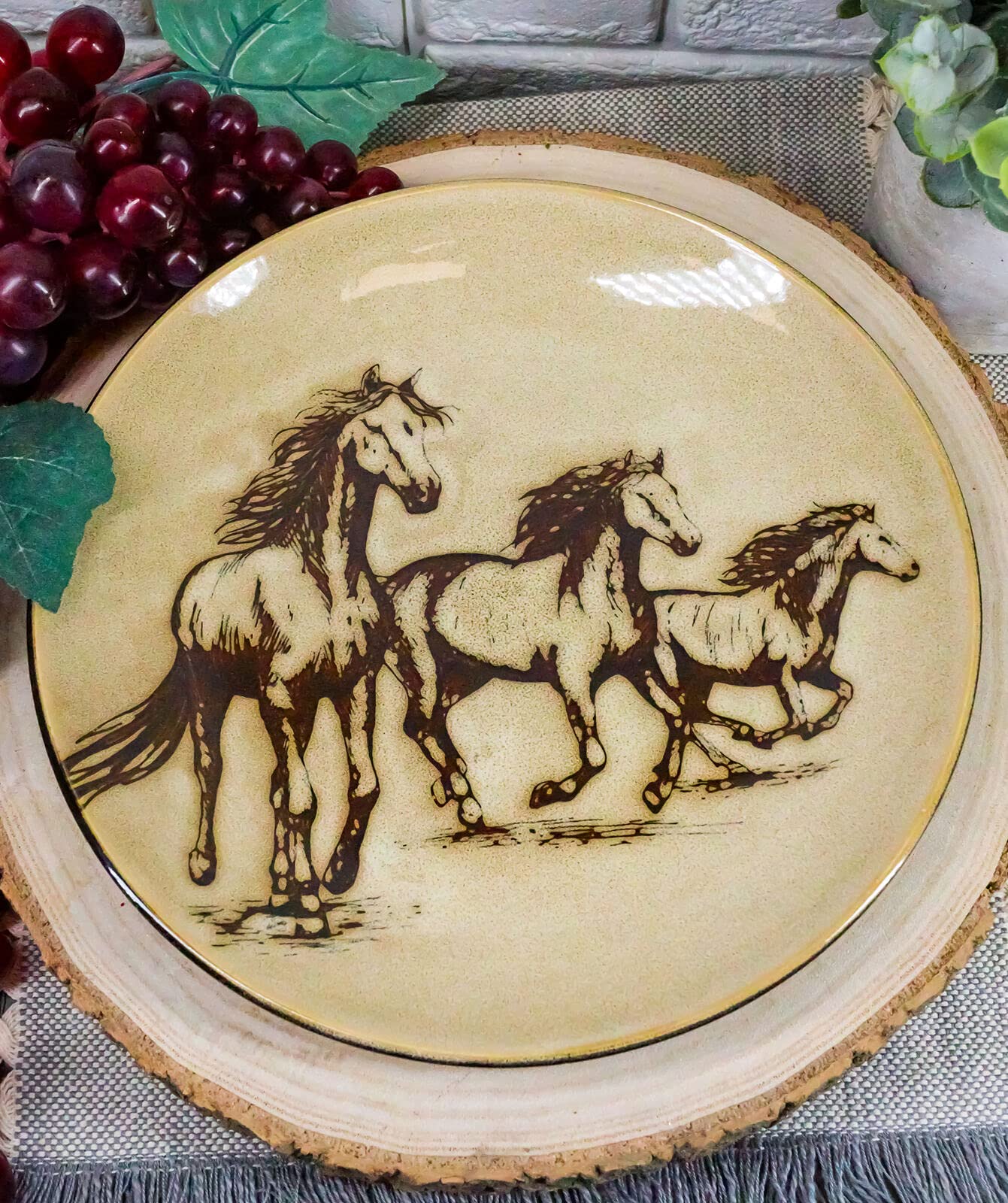 Western Rustic Running Horses Round Appetizer Salad Plates Set of 4 - Perfect for Farmhouse Dinner Parties, BBQ Gatherings & Holiday Entertaining