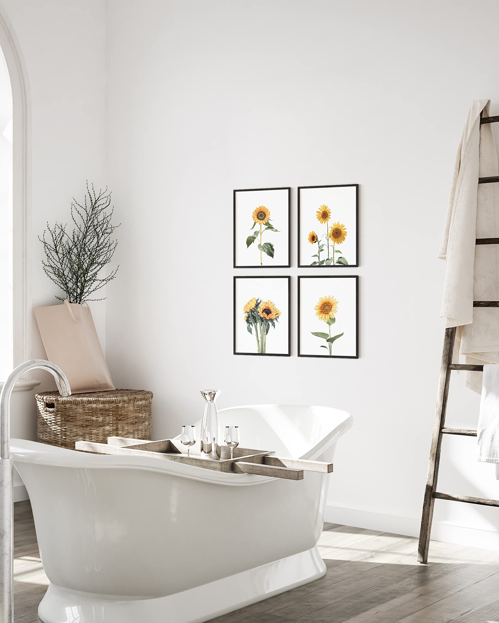HAUS AND HUES Sunflower Wall Art Set - 4 Pack Framed Sunflower Paintings for Bedroom & Kitchen Decor (11x14, Black Frame) | Perfect for Farmhouse, Boho & Modern Home Aesthetic