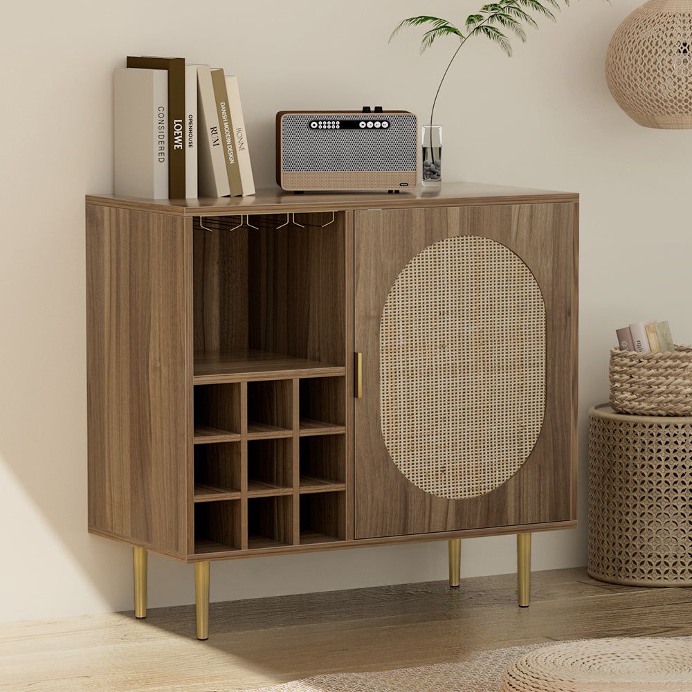 Rattan Buffet Sideboard Cabinet with Wine Rack - Kitchen Storage Organizer for Dining Room, Living Room & Home Decor