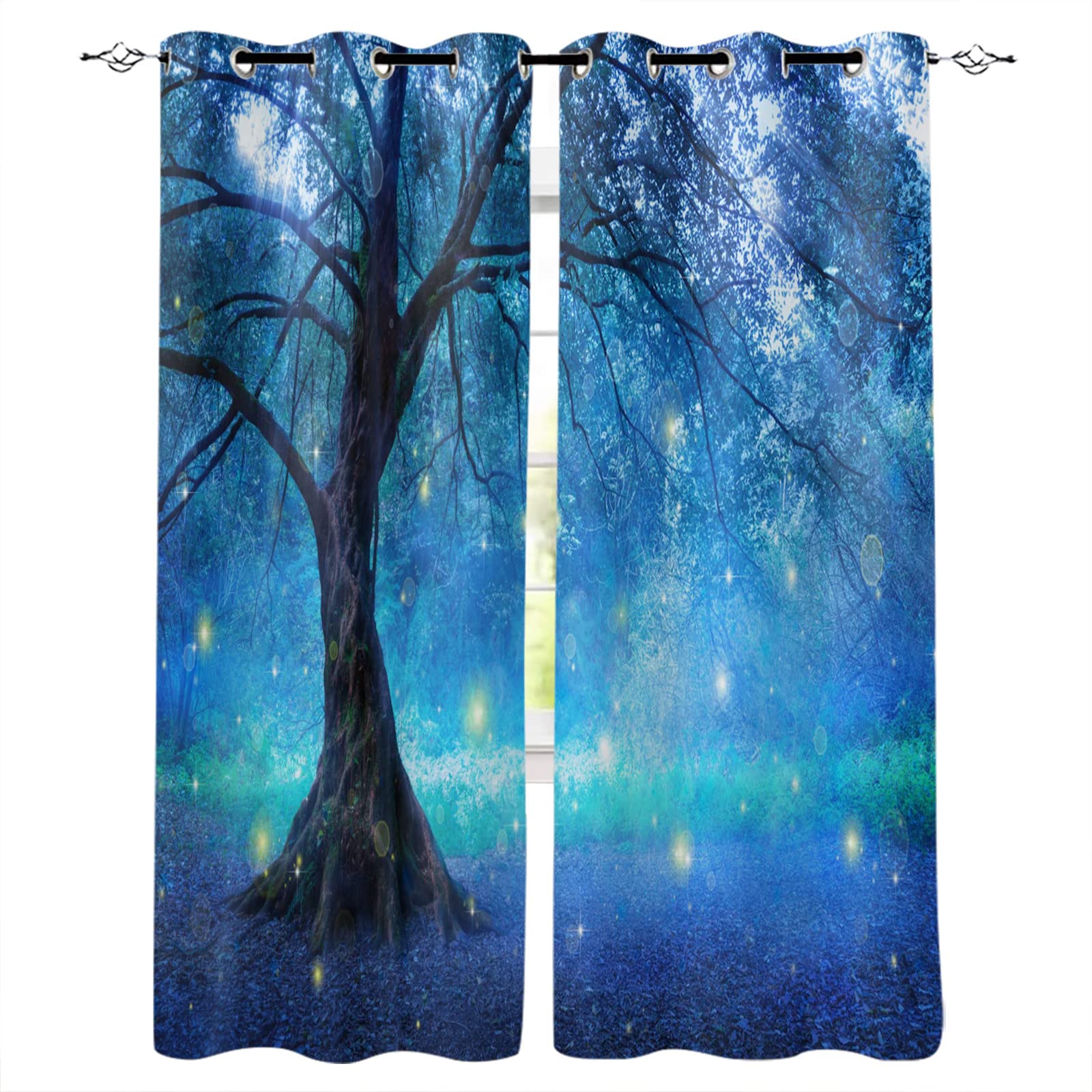 Blackout Curtains 52x72 Inches - Thermal Insulated Room Darkening Window Drapes with Grommets, Fantasy Tree & Starry Sky Design (Set of 2 Panels) - Perfect for Bedroom, Nursery, Home Theater & Light-Sensitive Sleepers