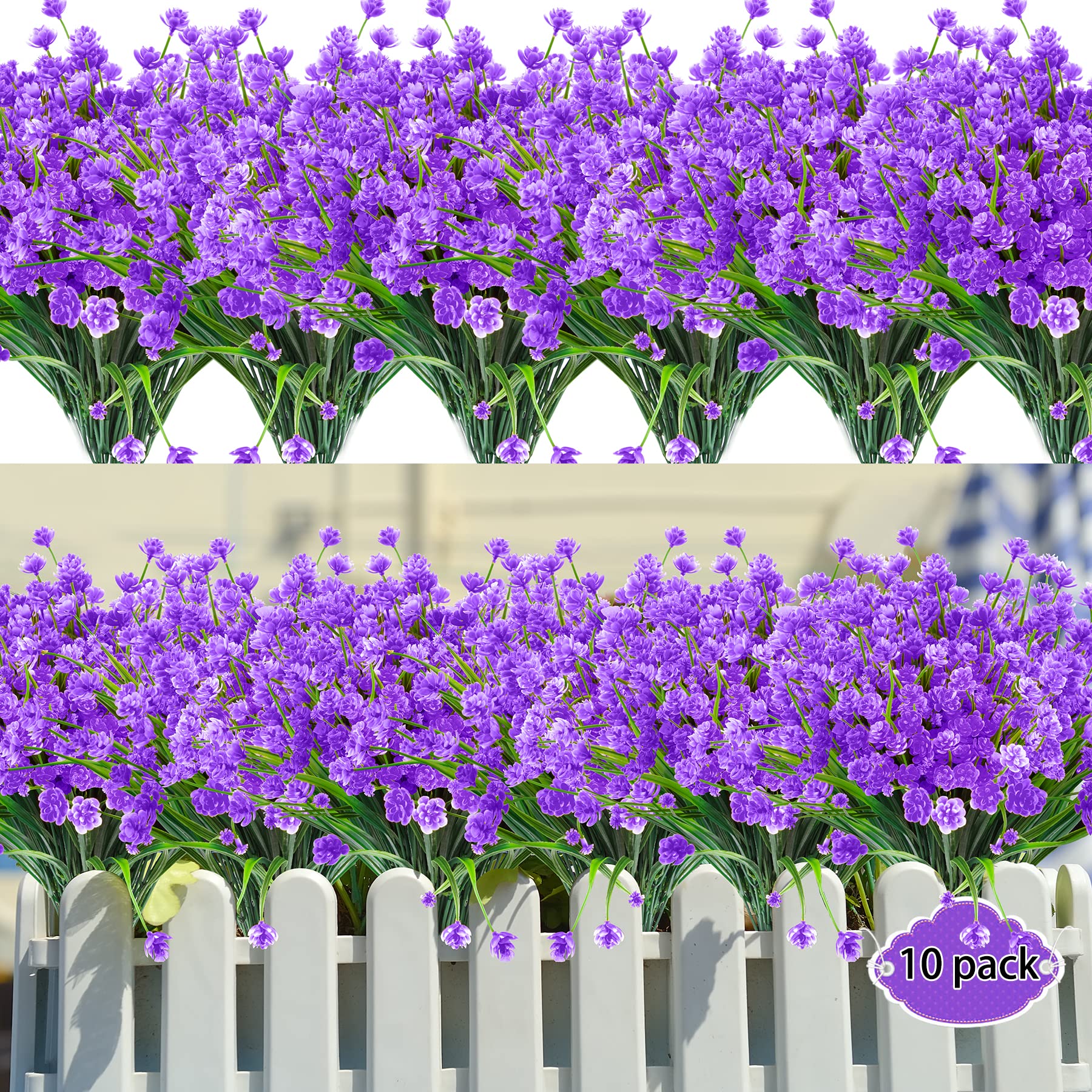 AUSTOR 10 Bundles UV Resistant Artificial Flowers Outdoor Fake Faux Plastic Flowers Shrubs Plants for Garden Home Window Box Decor - Perfect for Patio, Porch, Lawn & Wedding Decoration (Violet)
